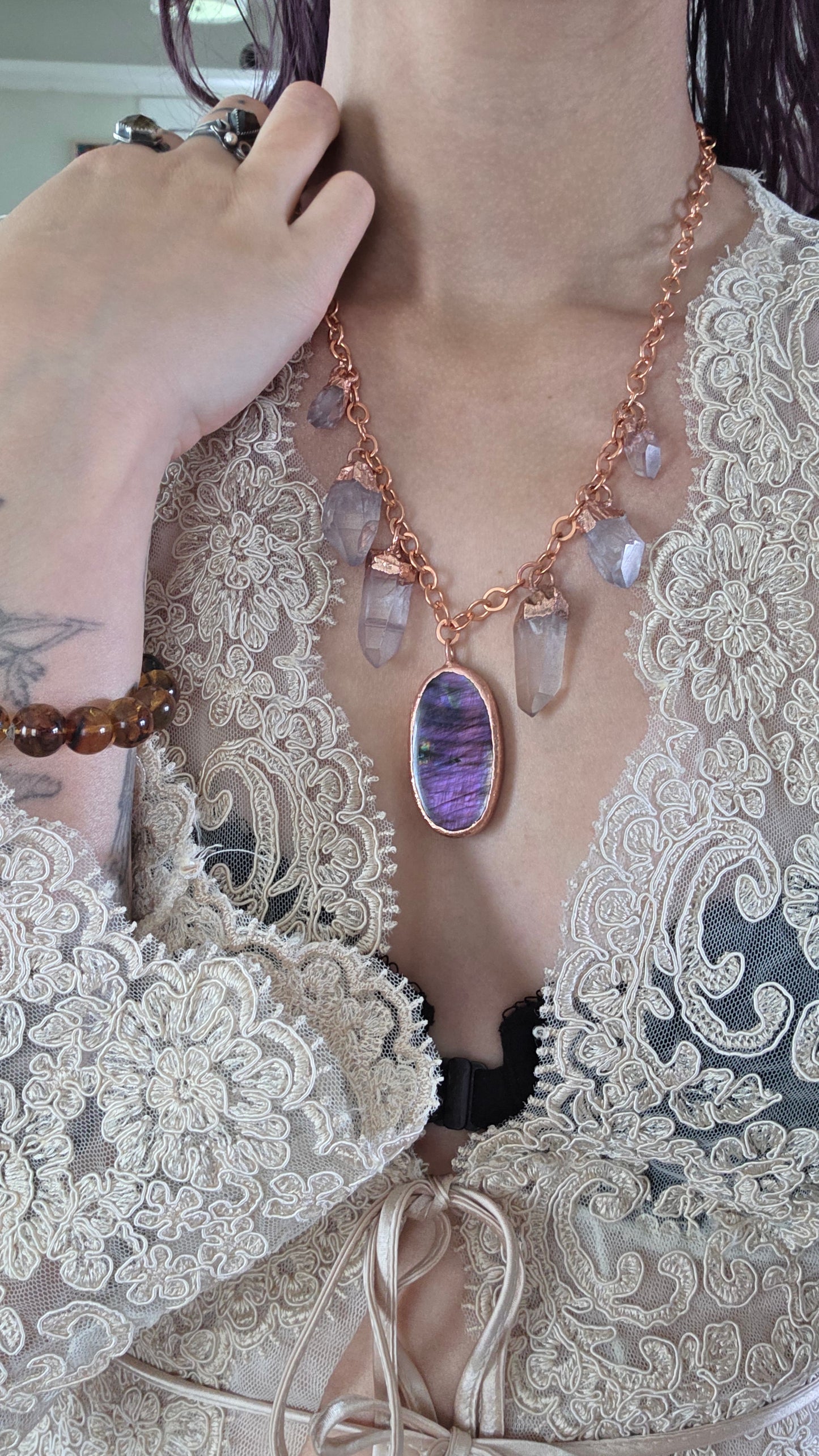 Purple Labradorite and Quartz Copper Necklace