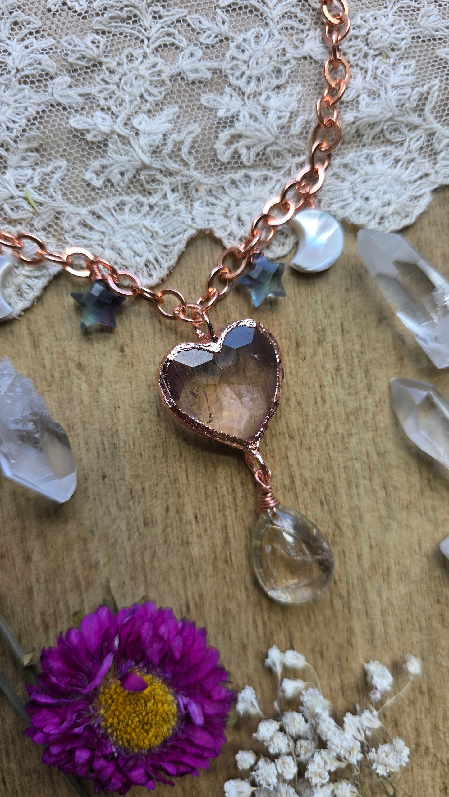 Faceted Ametrine Heart with Rutilated Quartz Copper Necklace