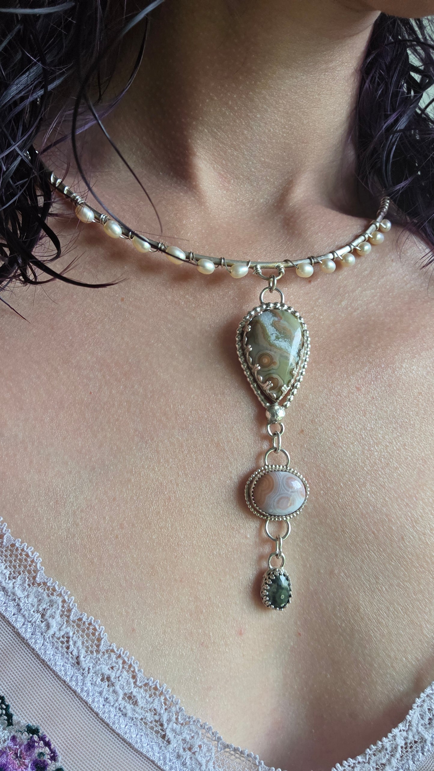 Ocean Jasper and Pearl Sterling Silver Statement Necklace