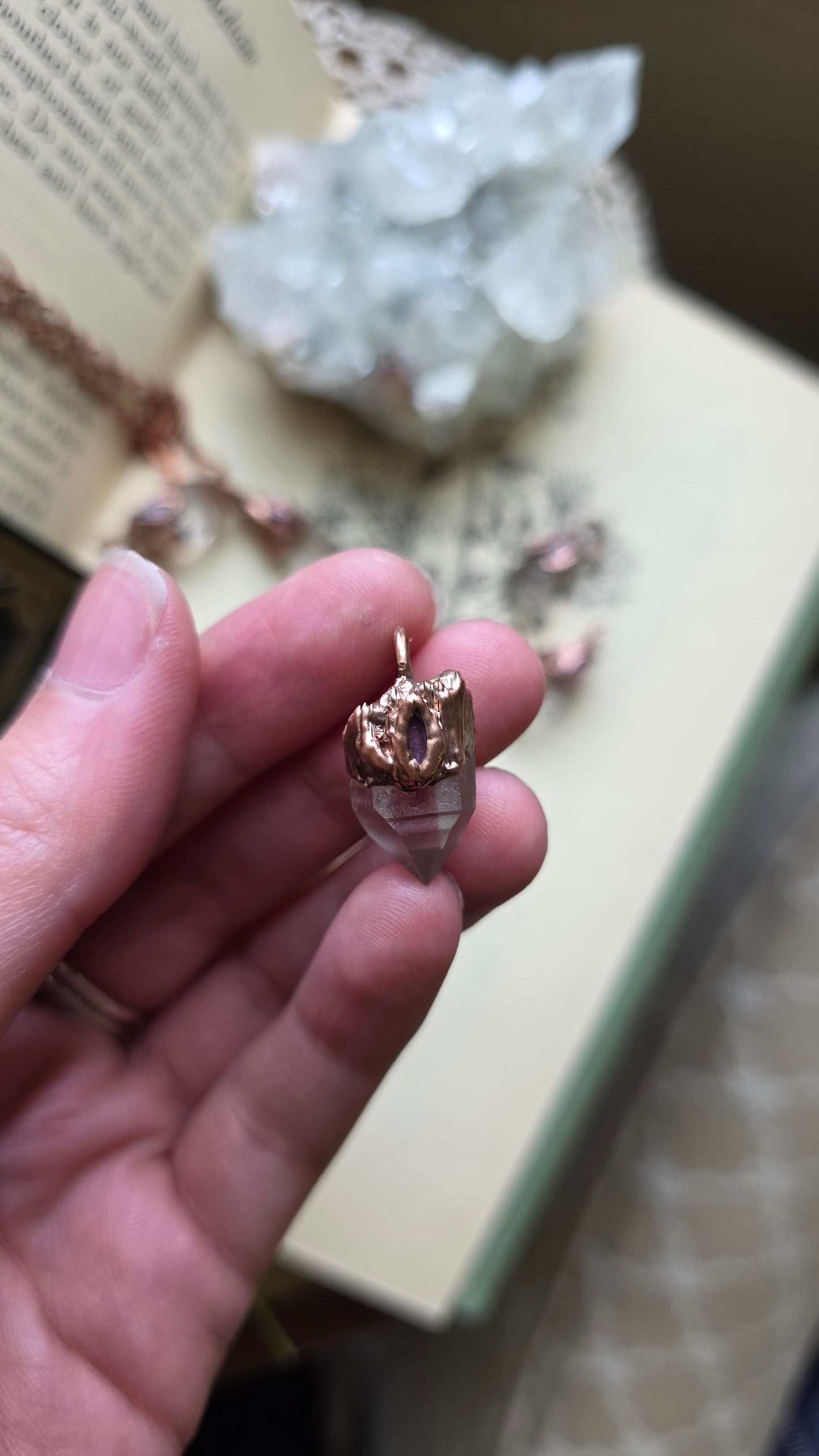 Quartz with Pink Sapphire Copper Necklace