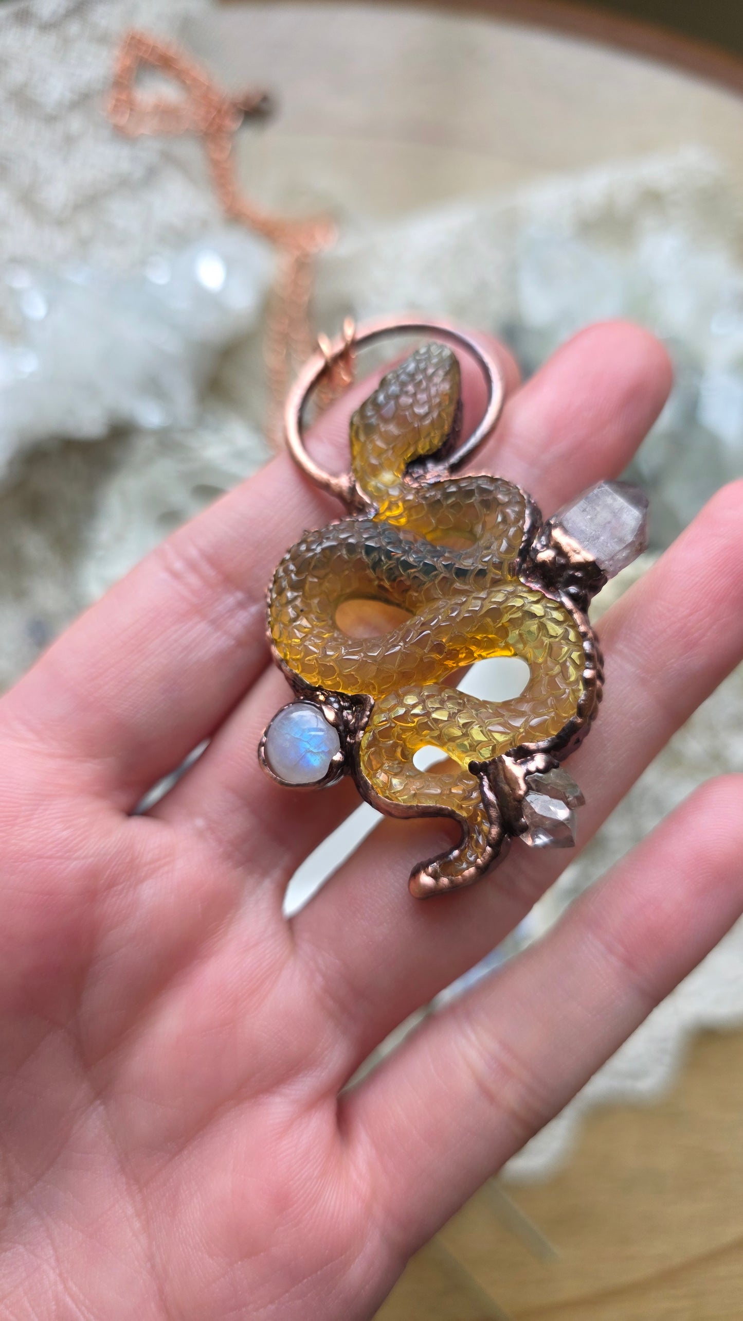 The High Priestess: Chiapas Amber Snake with Moonstone, Amethyst and Herkimer Copper Necklace