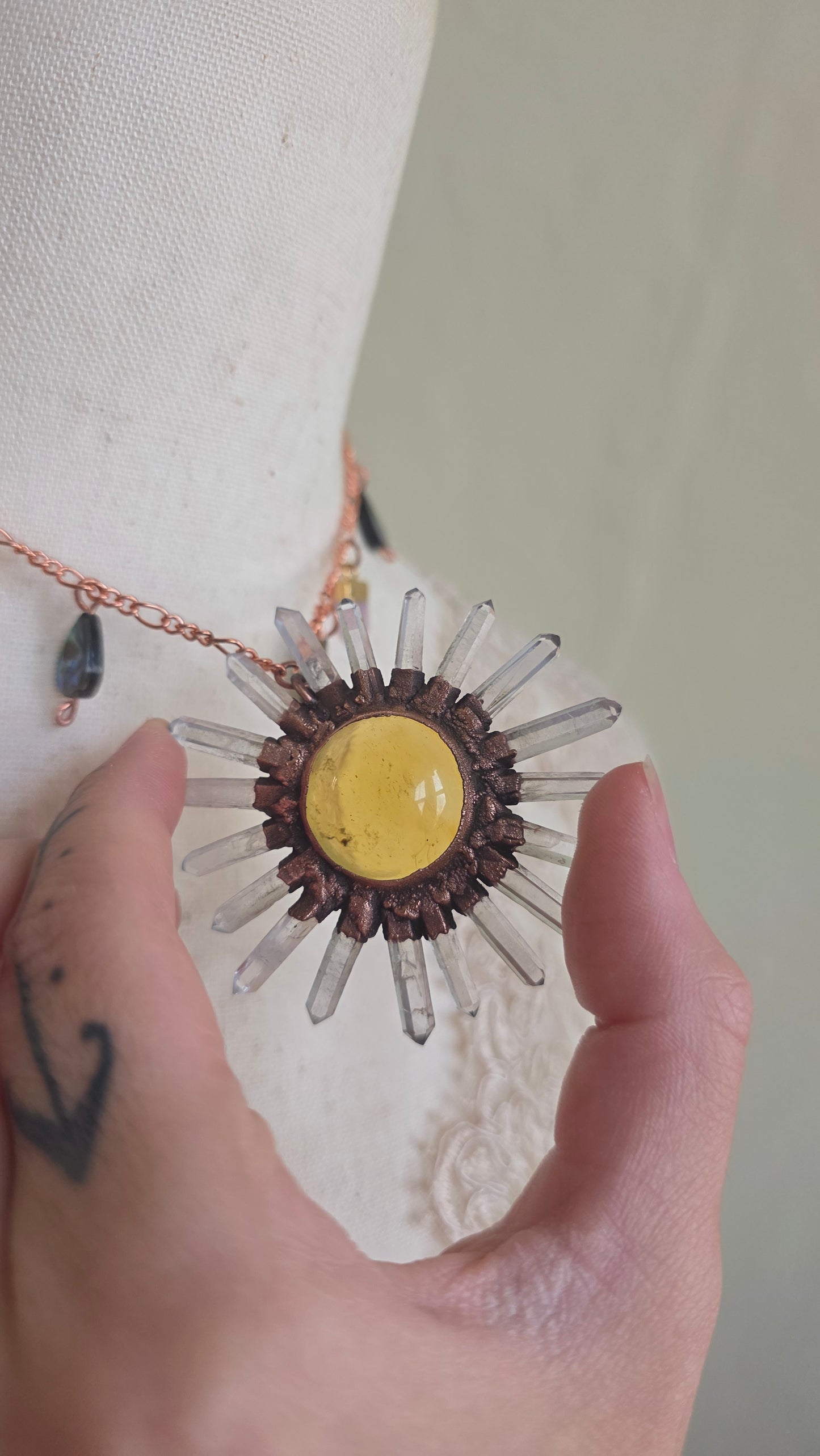 Solara: Amber Sun Copper Choker with Abalone and Rose Quartz