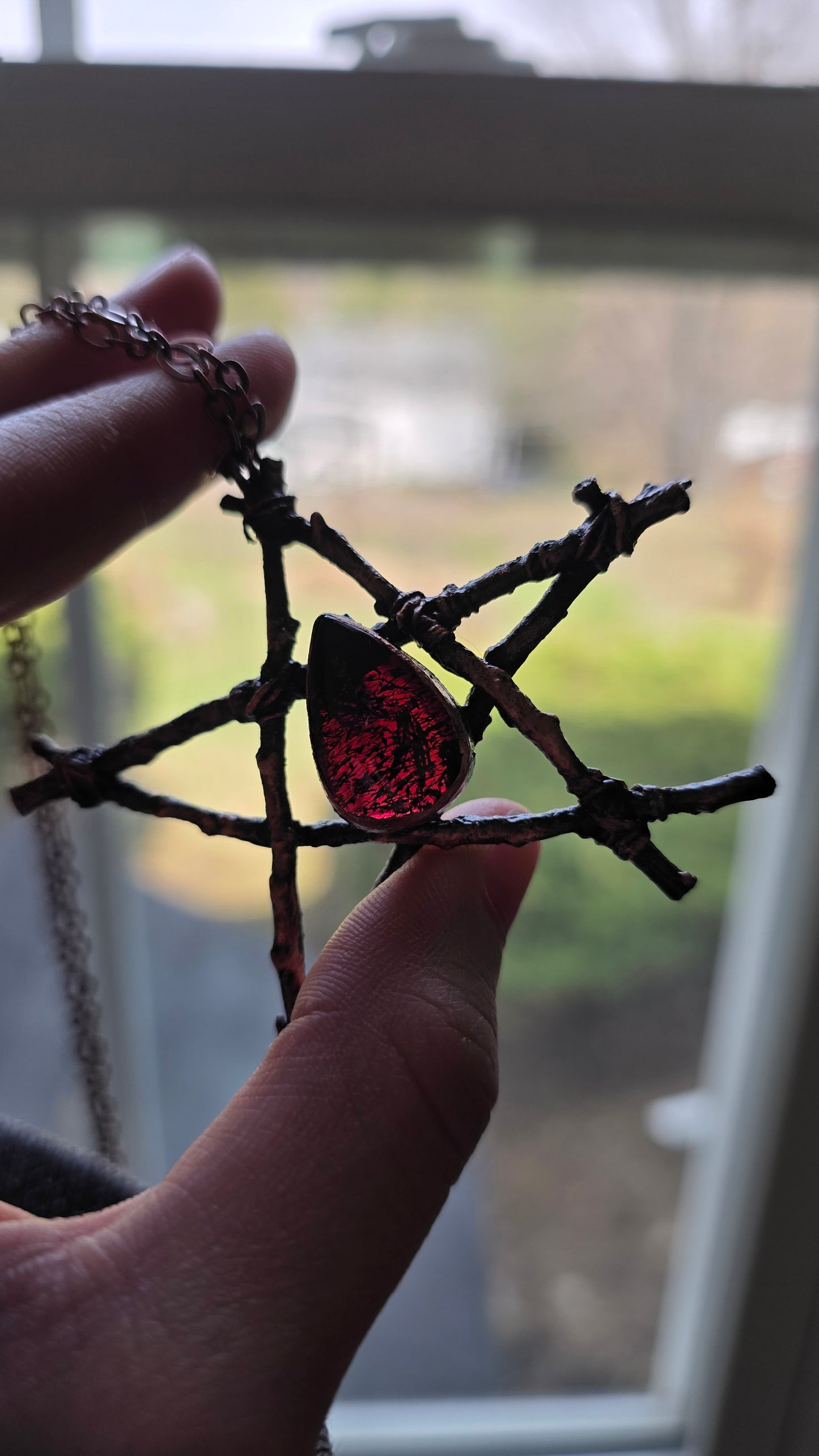 Rooted: Copper Twig and Garnet Pentacle Necklace