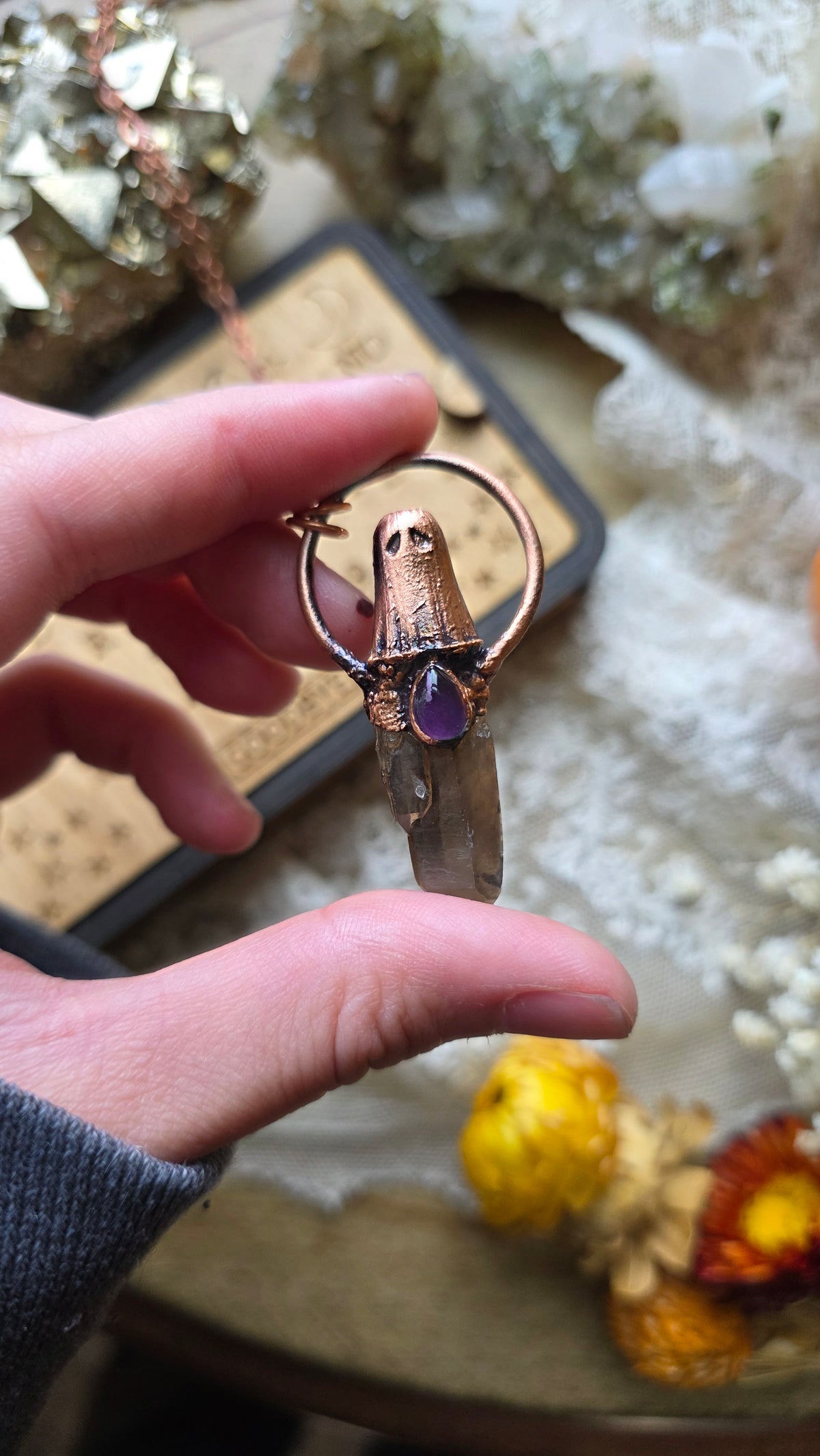 jdrewsilvers and xtwii collaboration: Smokey Quartz and Amethyst Copper Sheet Ghost Necklace