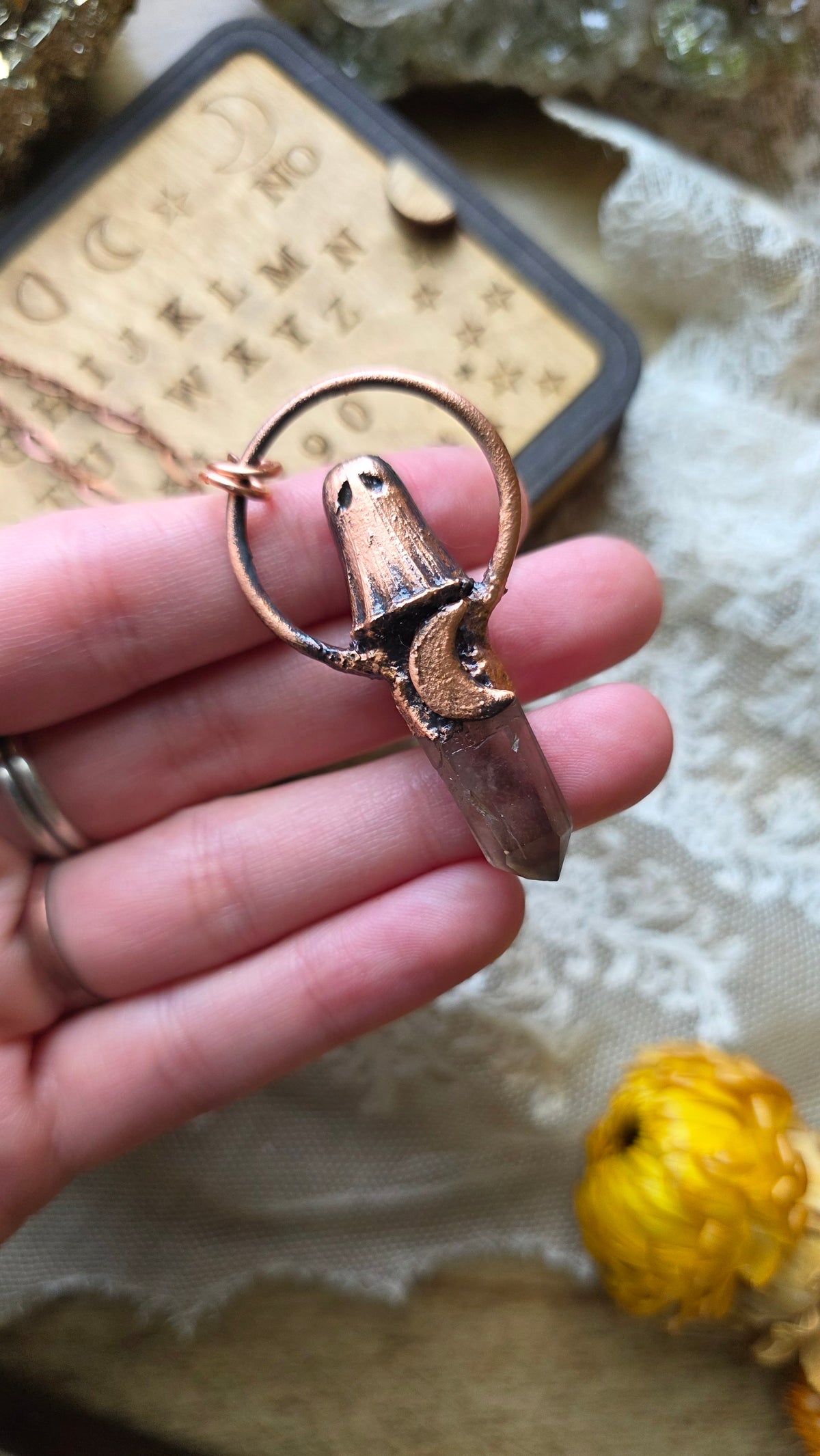jdrewsilvers and xtwii collaboration: Smokey Quartz Copper Sheet Ghost Necklace
