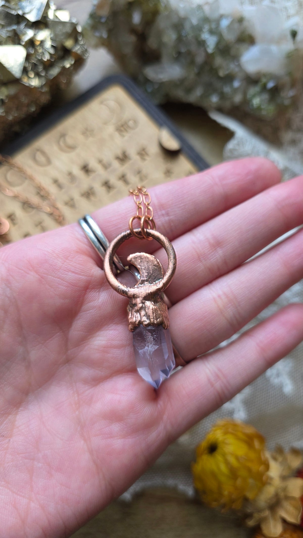 jdrewsilvers and xtwii collaboration: Quartz and Black Knight Aura Moon Copper Necklace