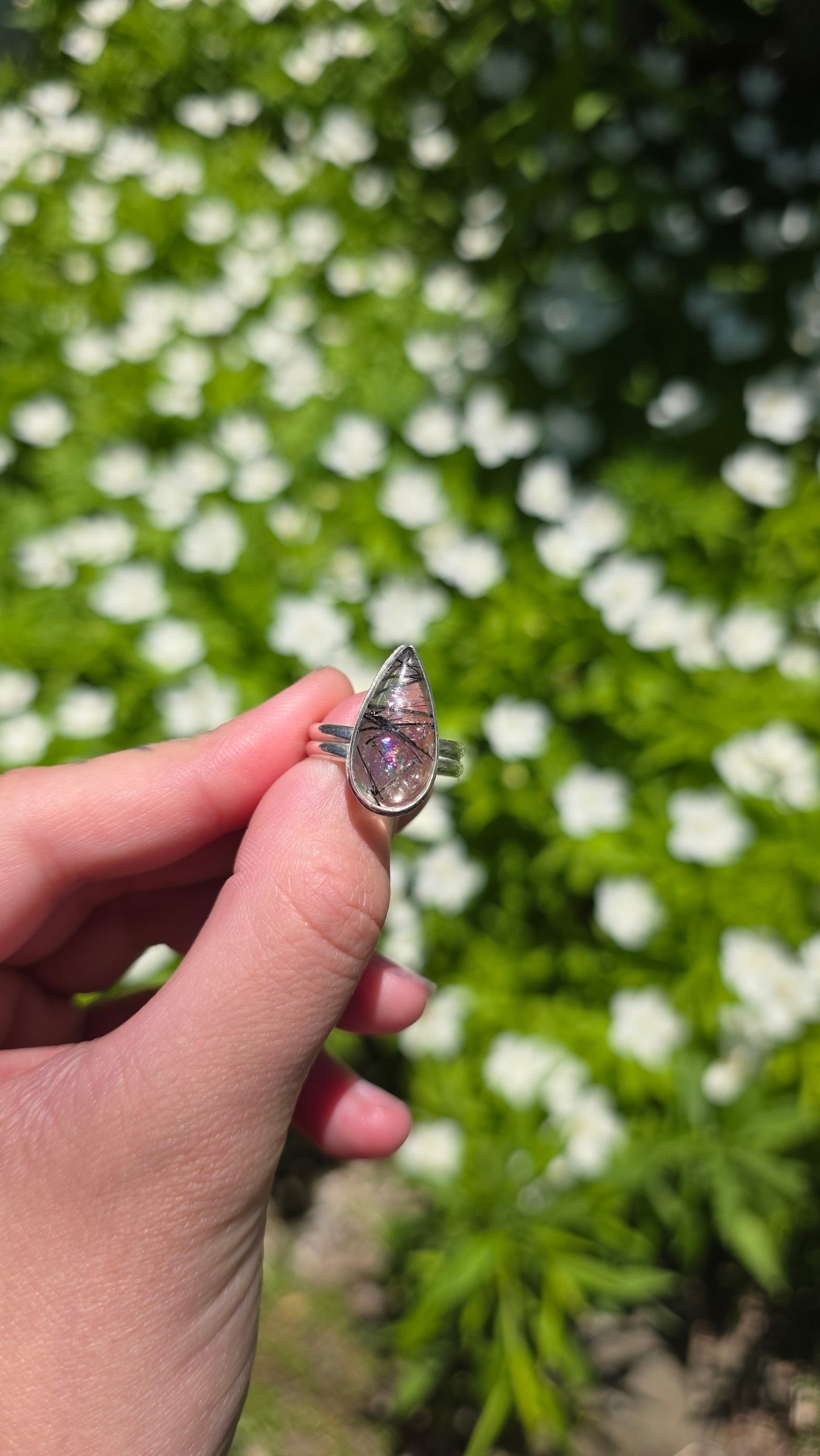 Rainbow filled Tourmalinated Quartz Sterling Silver Ring Size 7.5