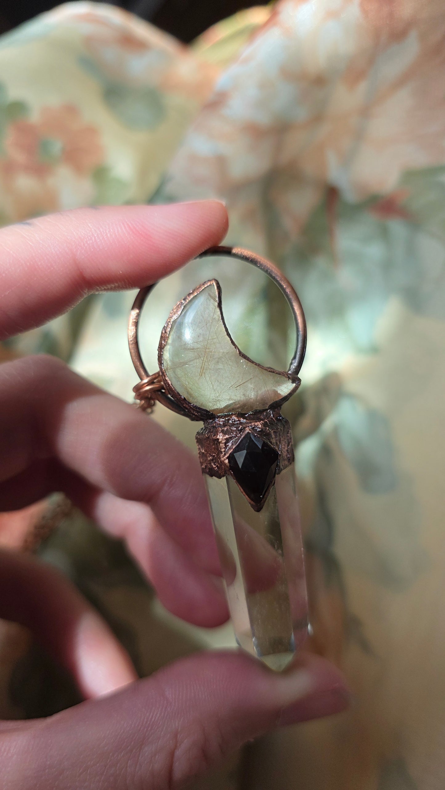 Smokey Quartz with Garnet and Rutilated Quartz Moon Copper Pendant