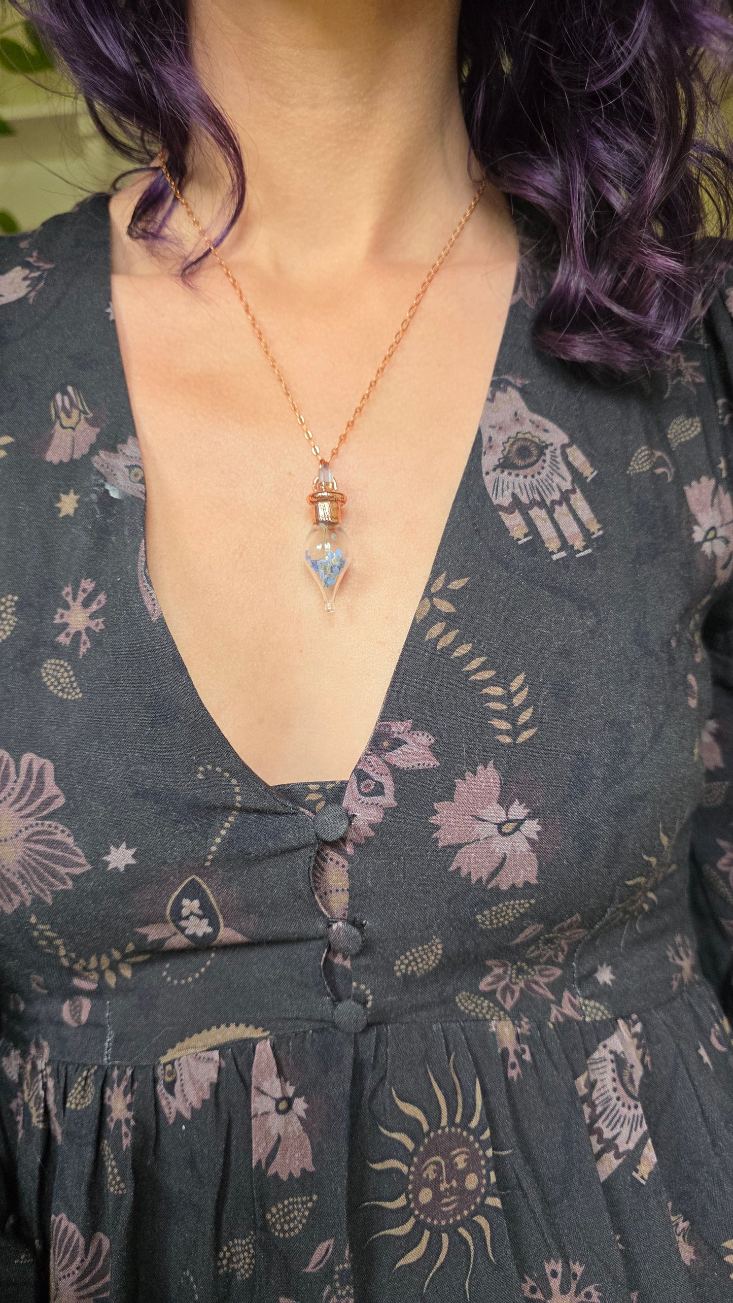 Forget-me-not copper glass vial pendant with quartz