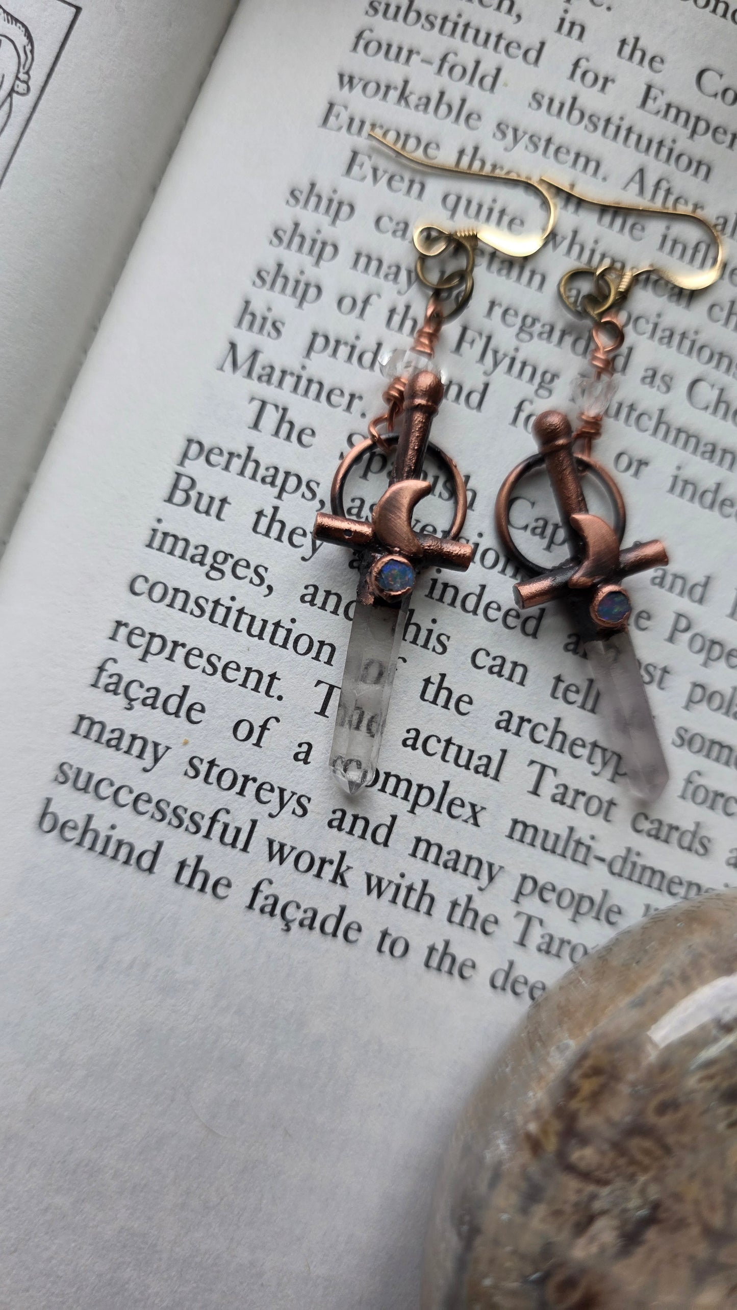 Mini quartz sword with Australian opal dangle earrings