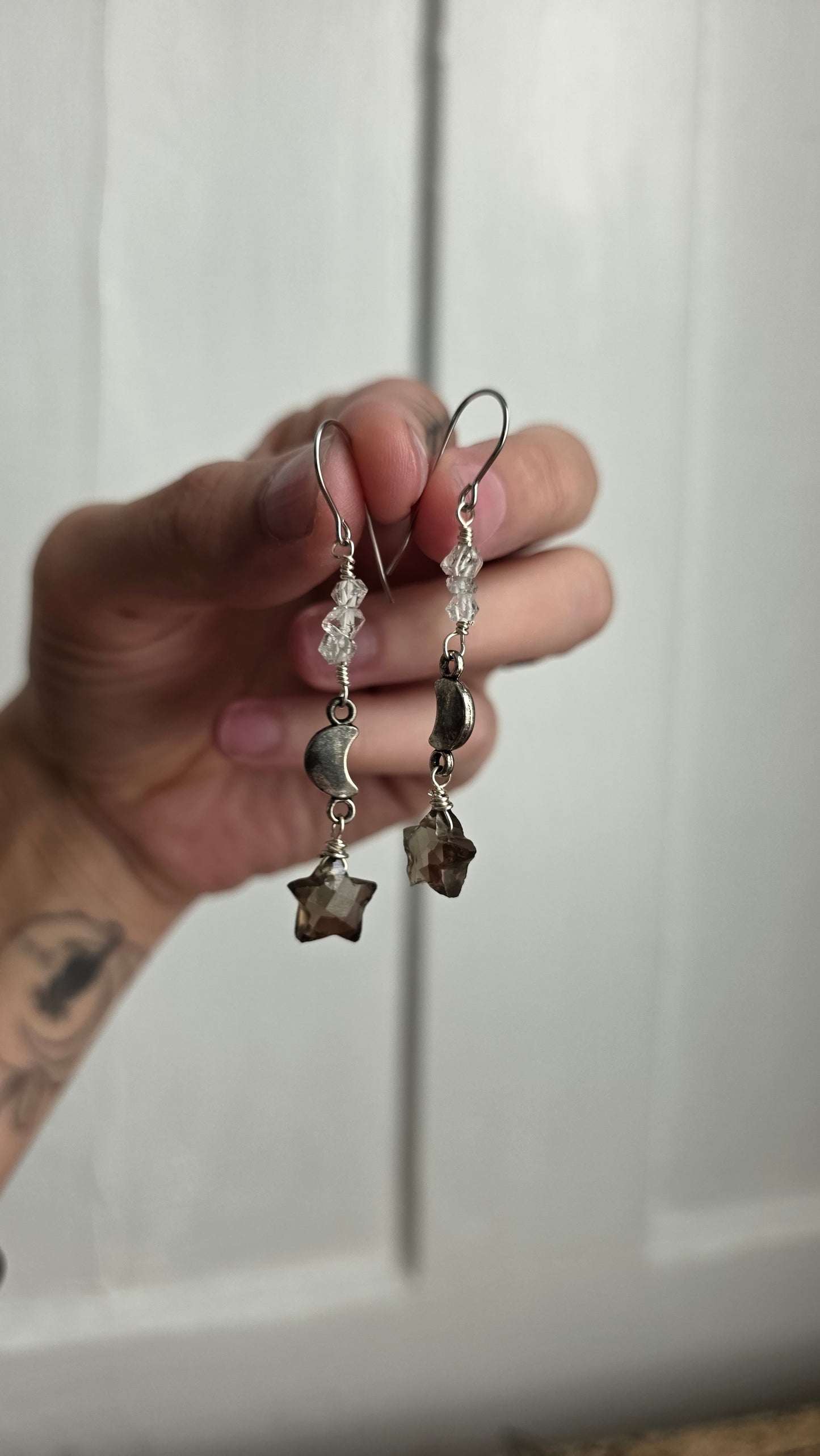 Smokey Quartz Star and Herkimer Quartz Dangle Earrings