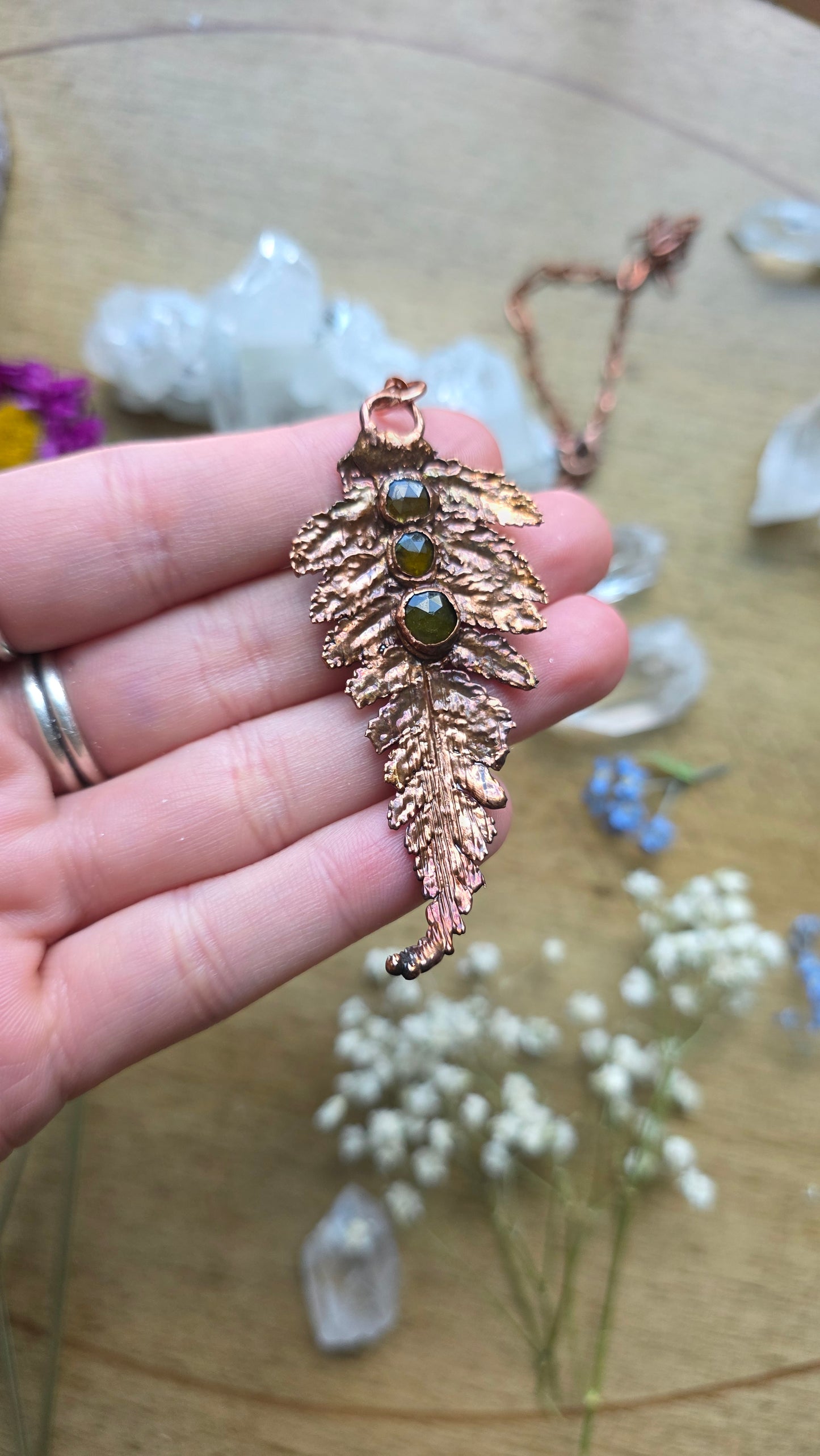 Copper Encased Real Fern with Tourmaline