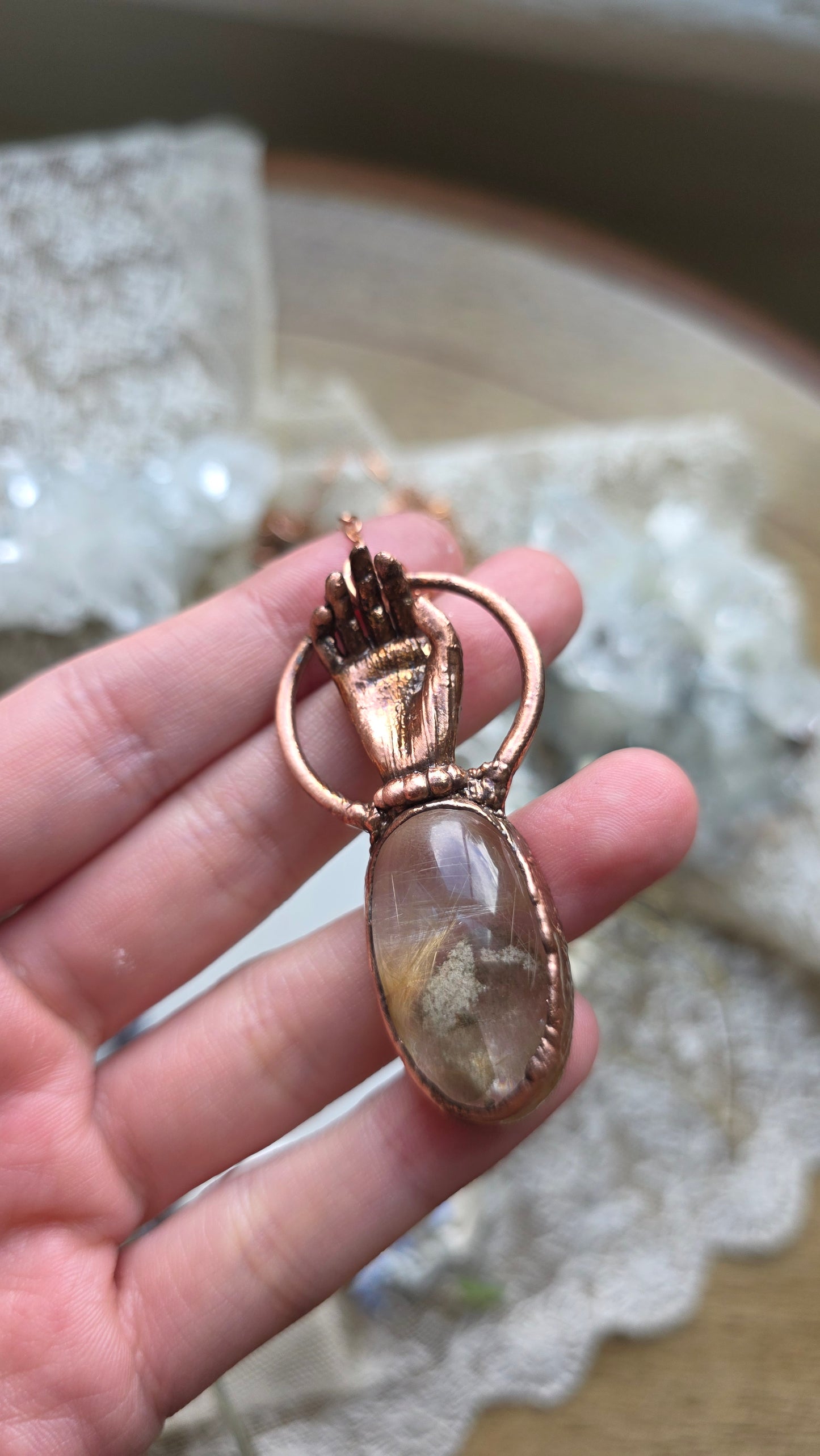 The High Priestess: Lodolite Rutile Phantom Copper Hand Necklace