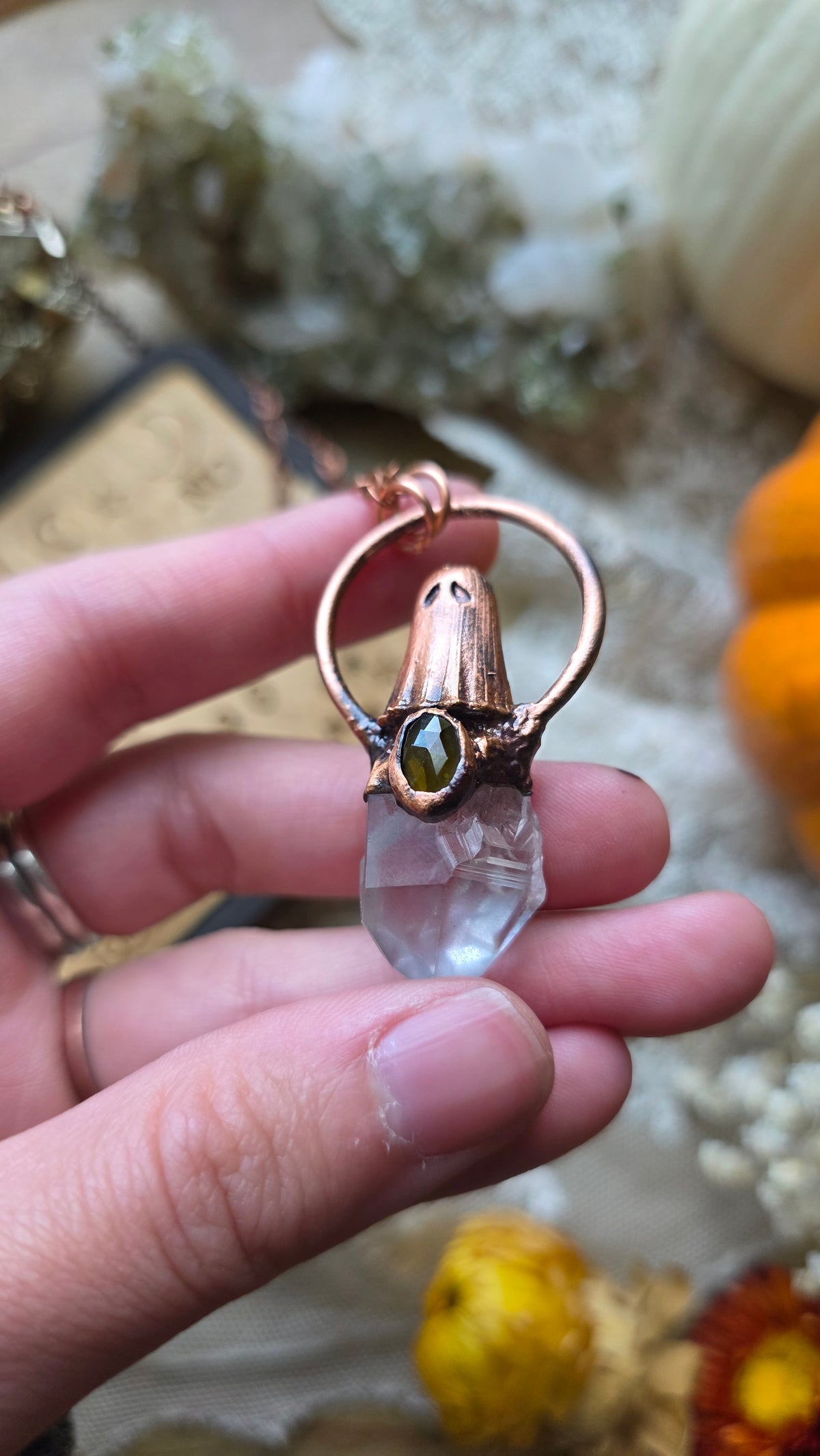 jdrewsilvers and xtwii collaboration: Quartz and Green Tourmaline Copper Sheet Ghost Necklace