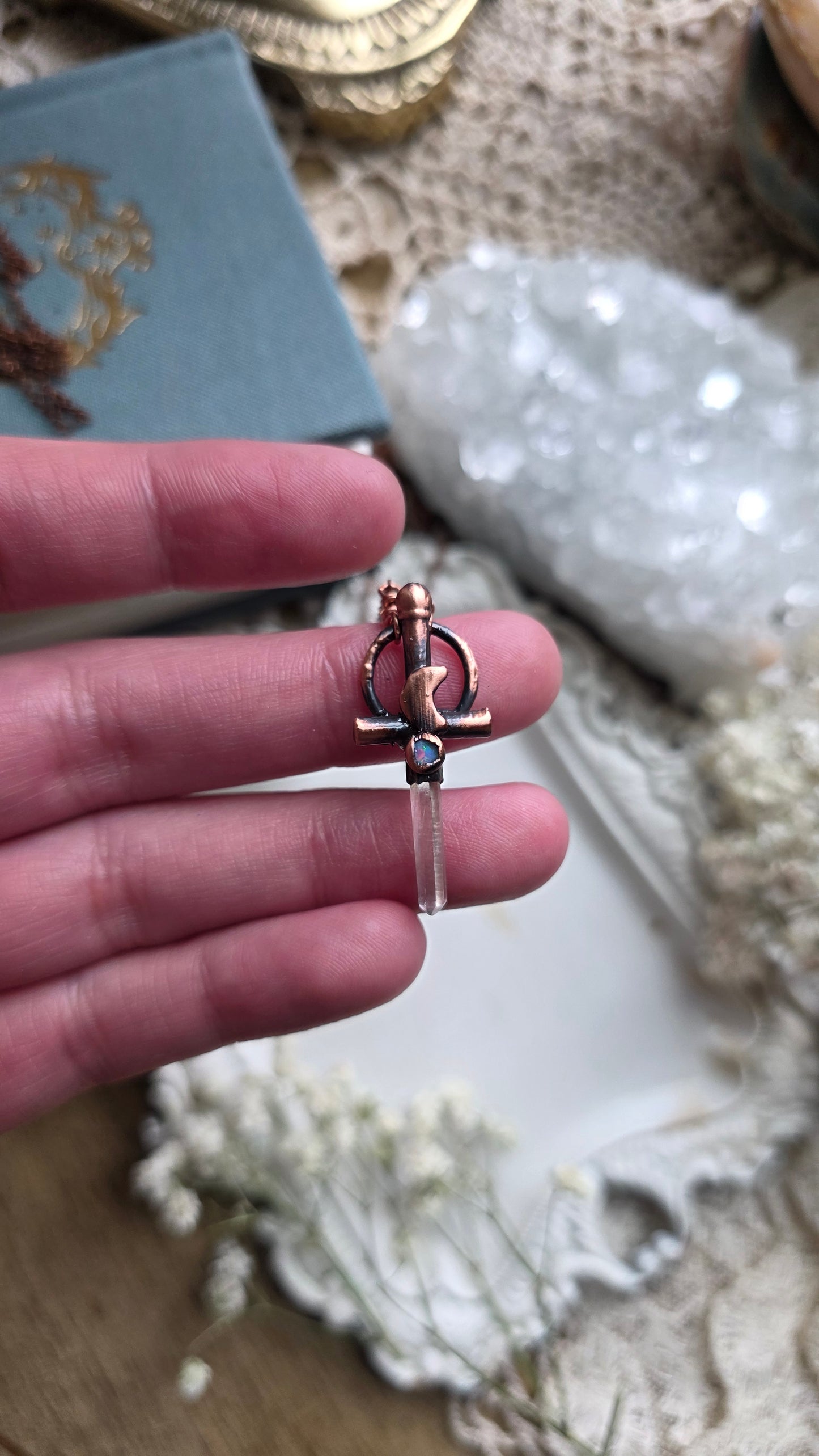 Mini Quarts and Australian Opal Copper Sword Necklace