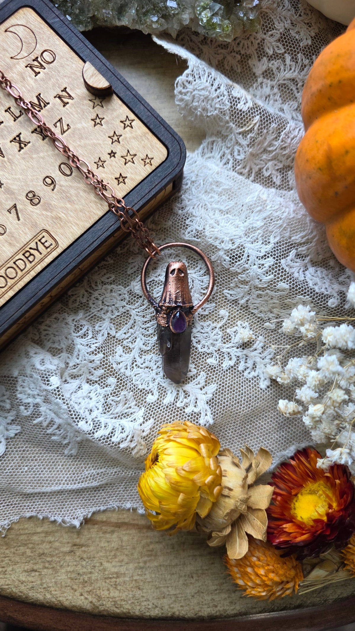 jdrewsilvers and xtwii collaboration: Smokey Quartz and Amethyst Copper Sheet Ghost Necklace