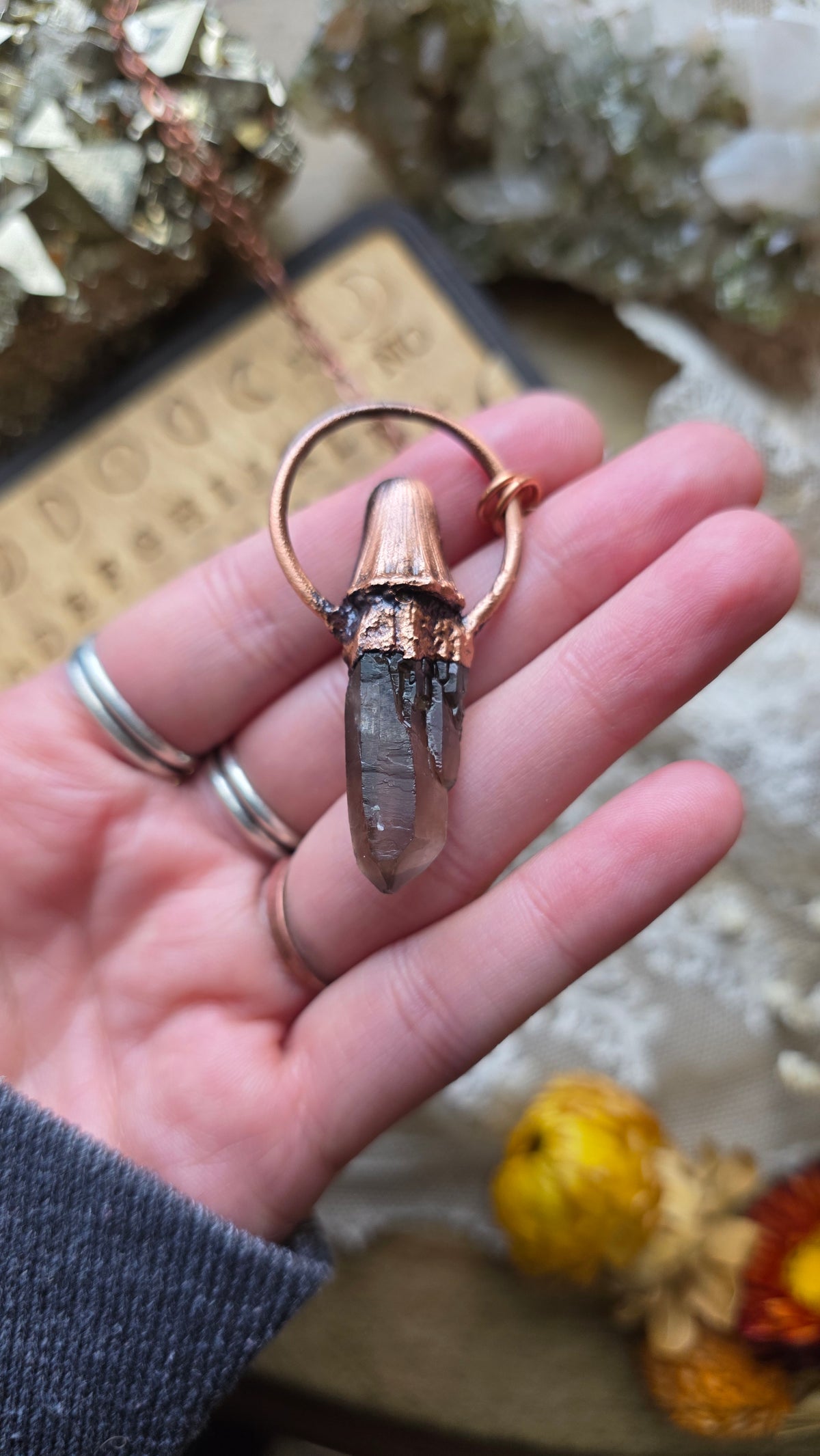 jdrewsilvers and xtwii collaboration: Smokey Quartz and Amethyst Copper Sheet Ghost Necklace