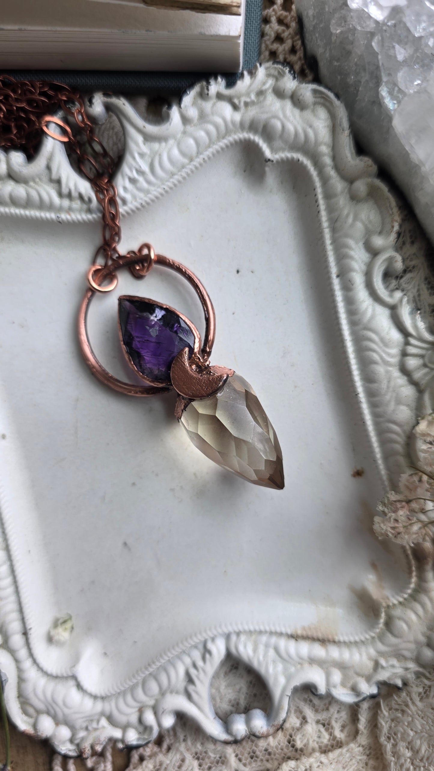 Citrine with Smokey Amethyst Copper Pendulum Necklace