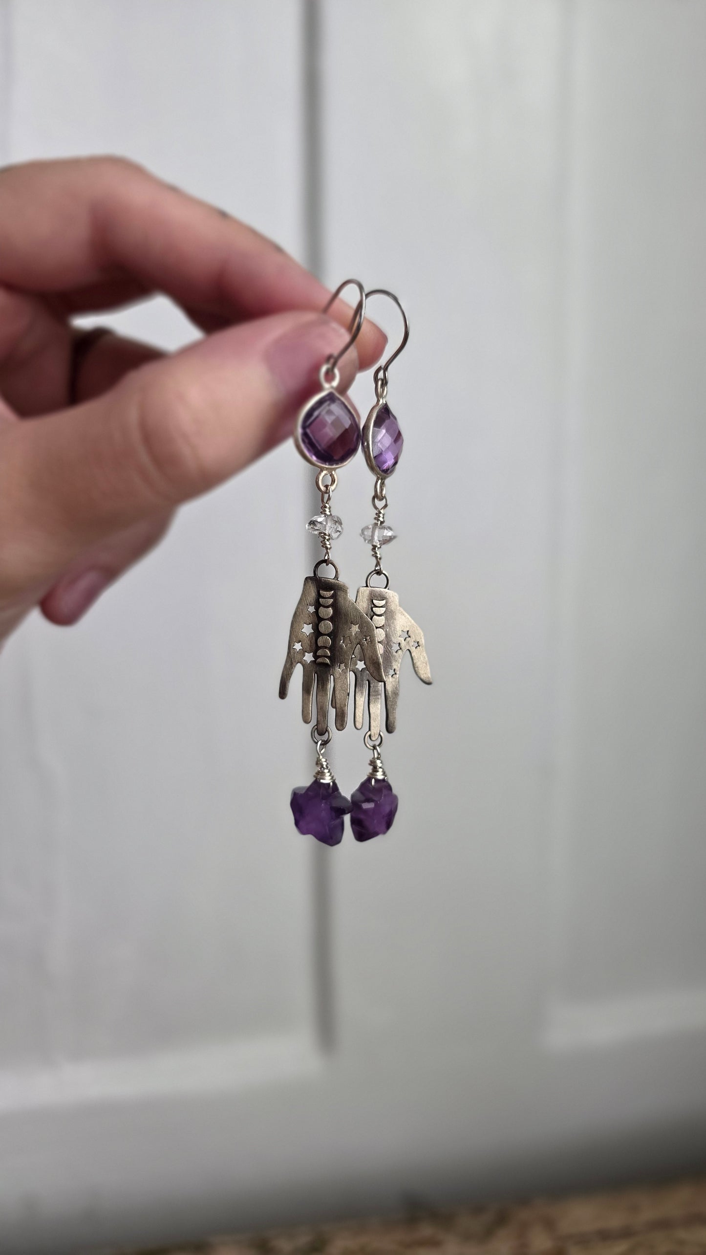Sterling Silver Palmistry Moonphase Earrings with Amethyst
