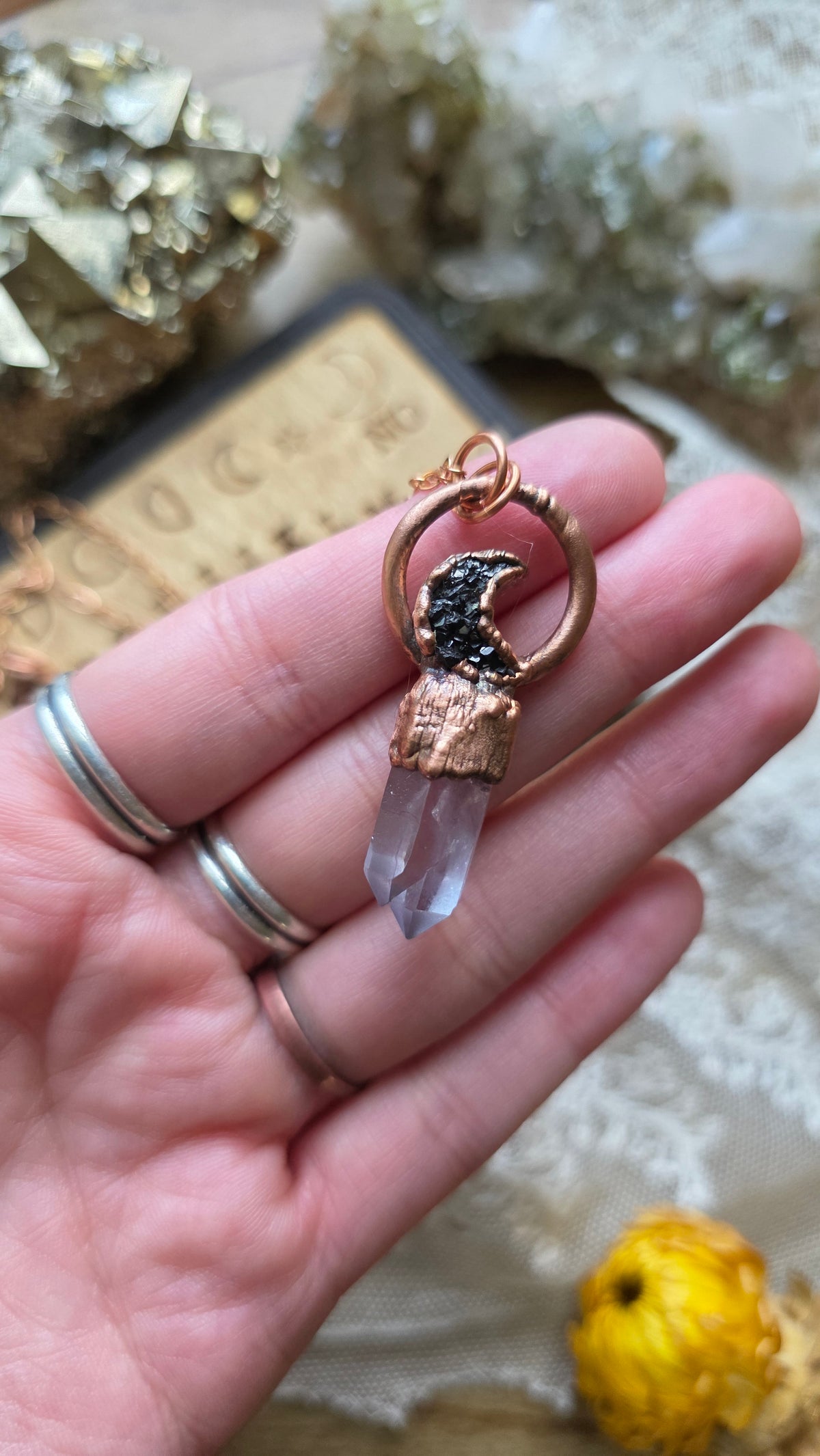 jdrewsilvers and xtwii collaboration: Quartz and Black Knight Aura Moon Copper Necklace