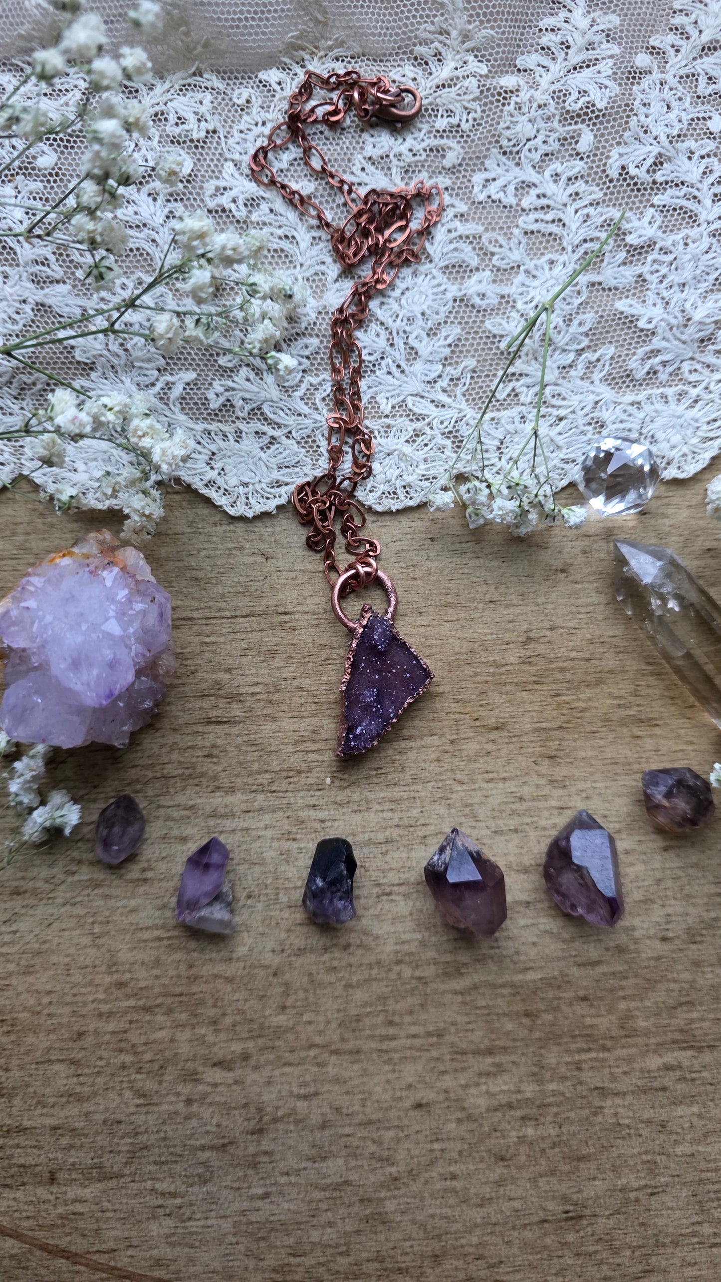 Reversible amethyst druzy copper necklace