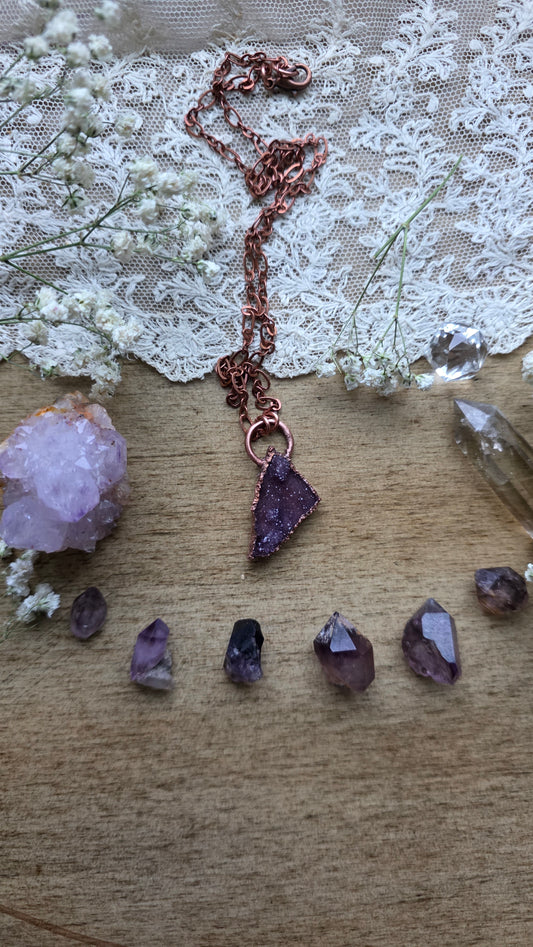 Reversible amethyst druzy copper necklace