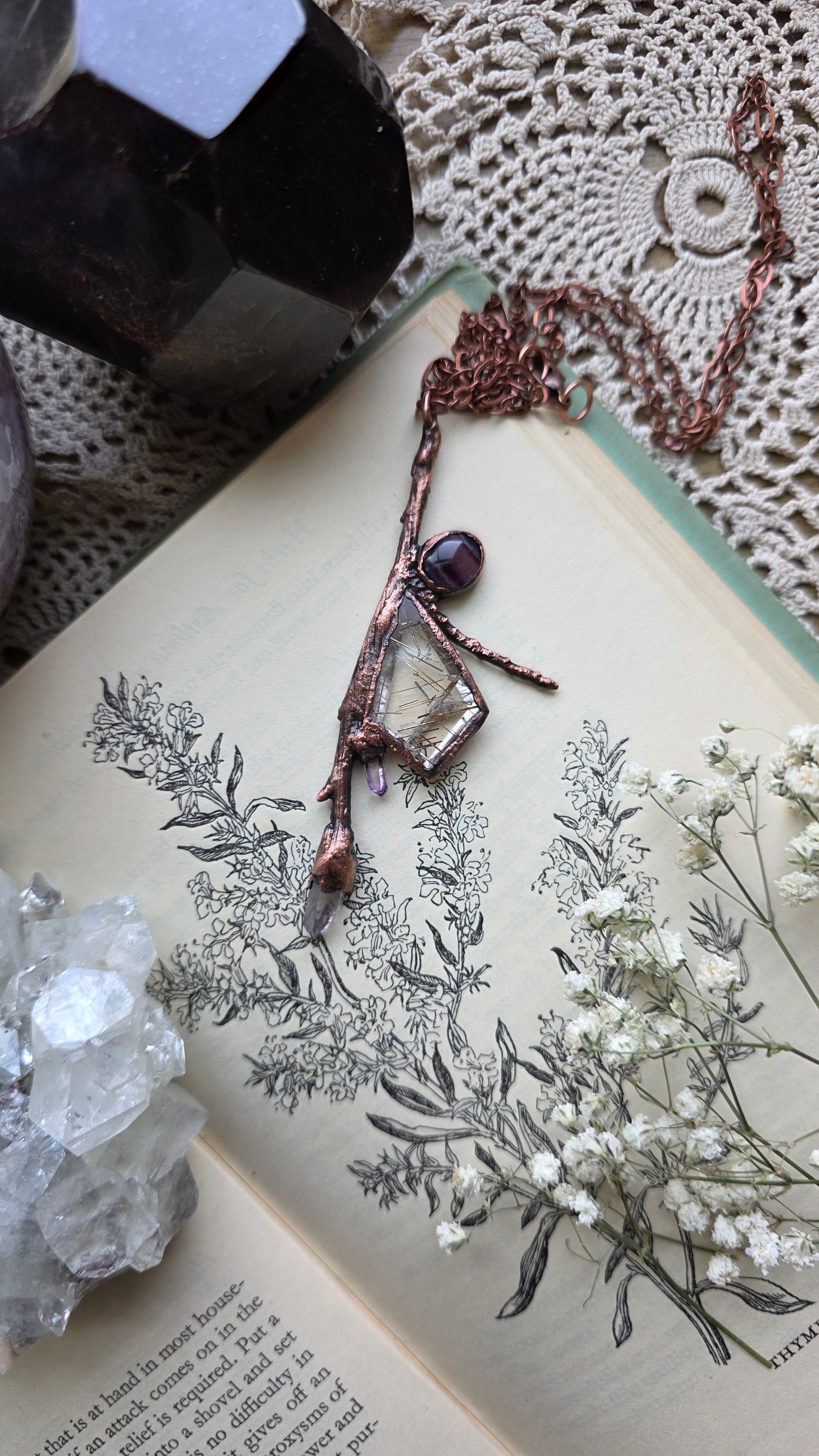 Rooted: Rutilated Quartz, Vera Cruz, and Fluorite Twig Copper Necklace