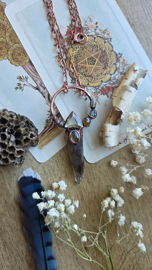 Transmute: Smokey quartz with Libyan desert glass, Citrine, and Tourmaline