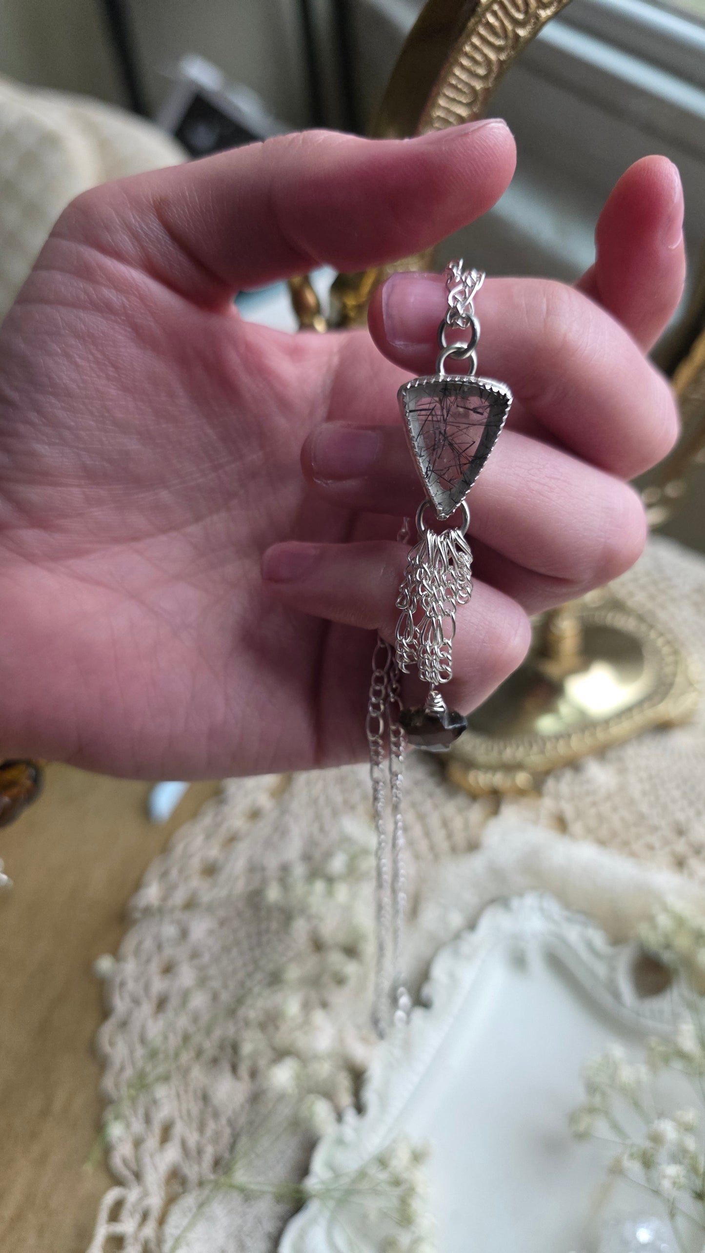 Sterling Silver Tourmalinated Quartz Chandelier Necklace with Smokey Quartz Star