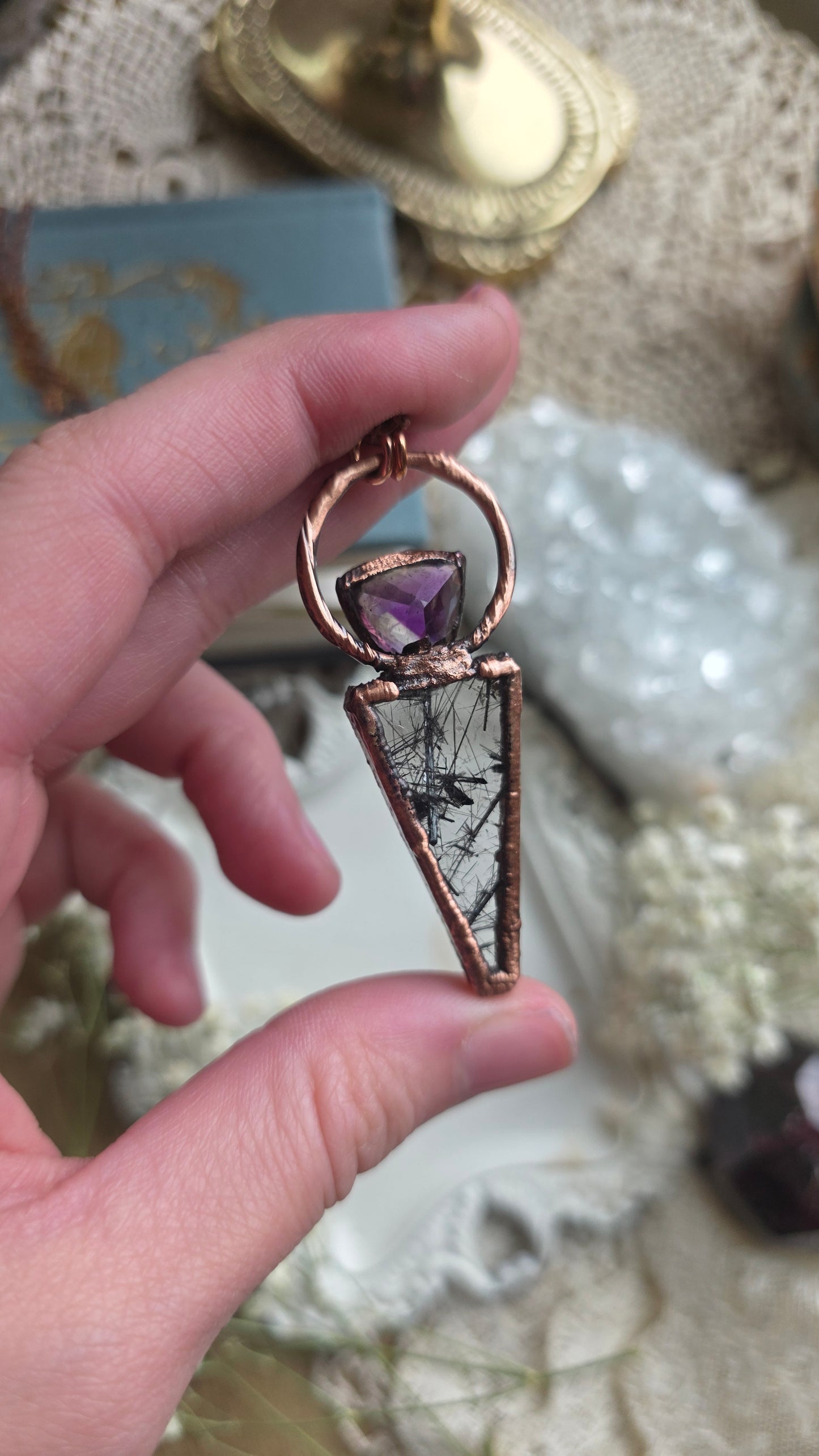Smokey Amethyst and Tourmalinated Quartz Copper Necklace