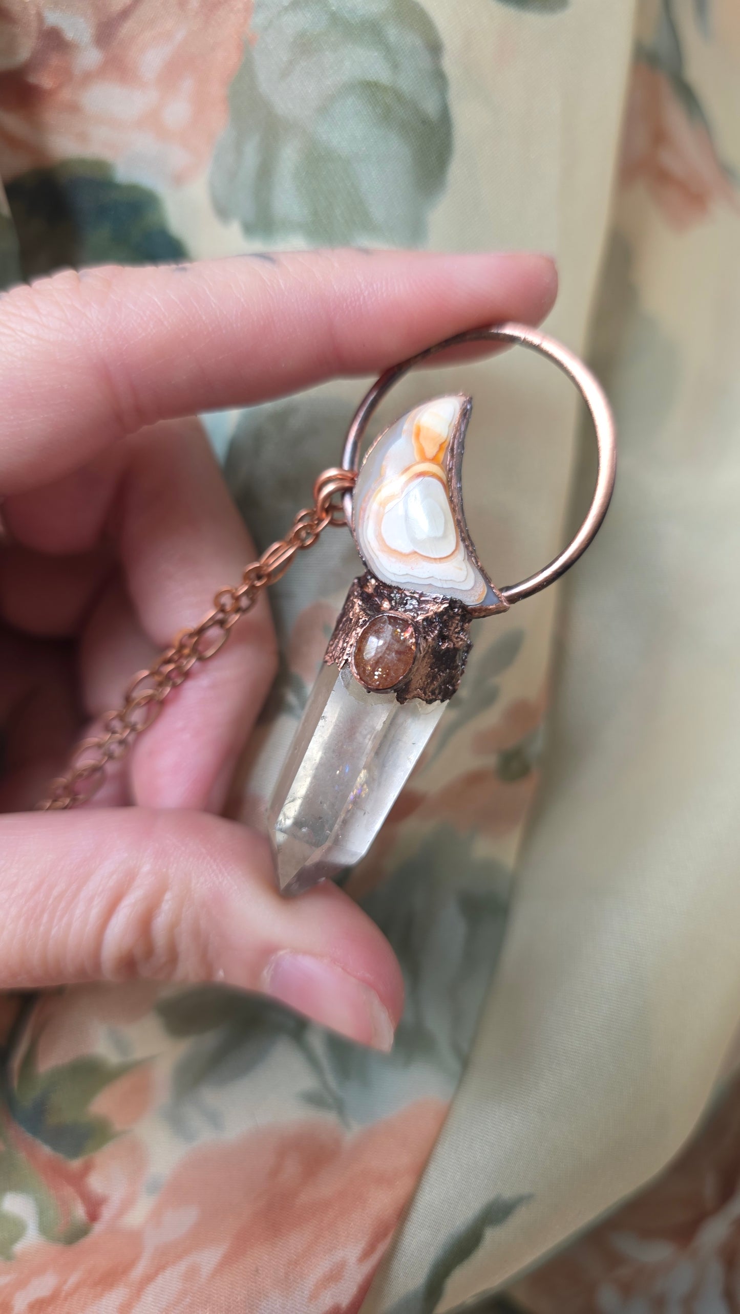 Quartz with Sunstone and Crazy Lace Agate Moon Copper Pendant