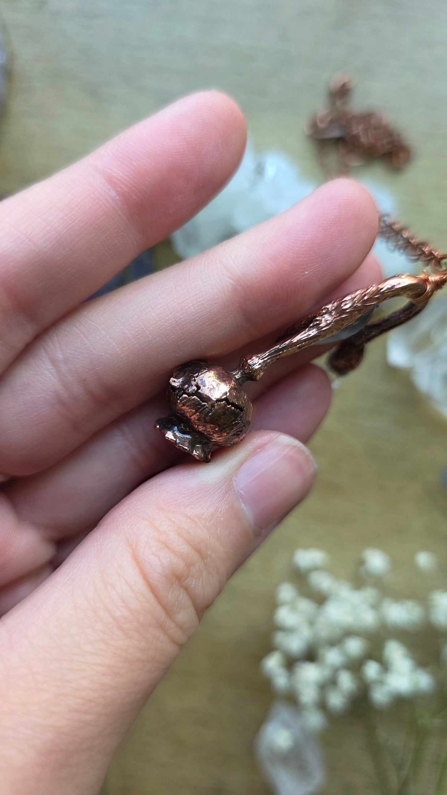 Copper Encased Poppy Pod with Aquamarine and Quartz