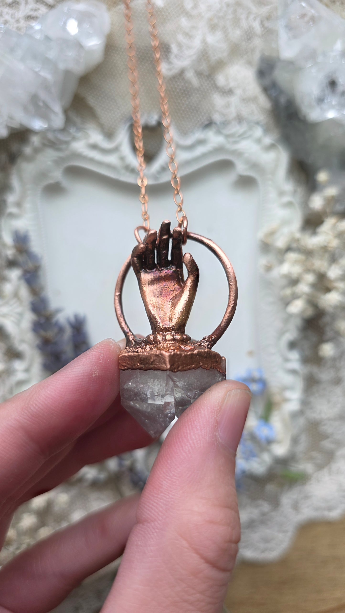 The High Priestess: Twin Quartz Point with Hand Copper Necklace