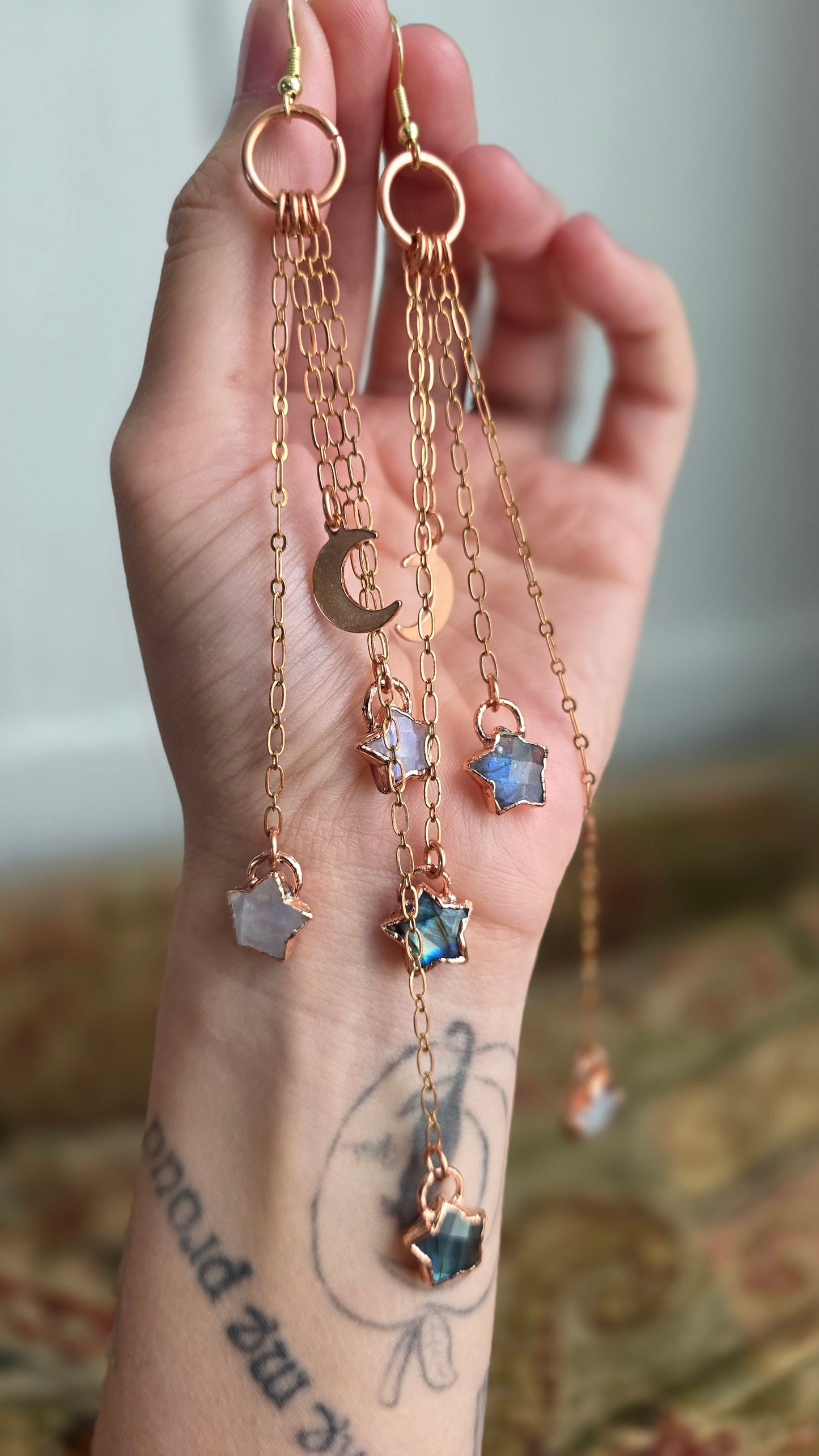 Long Statement Dangle Star Copper Earrings
