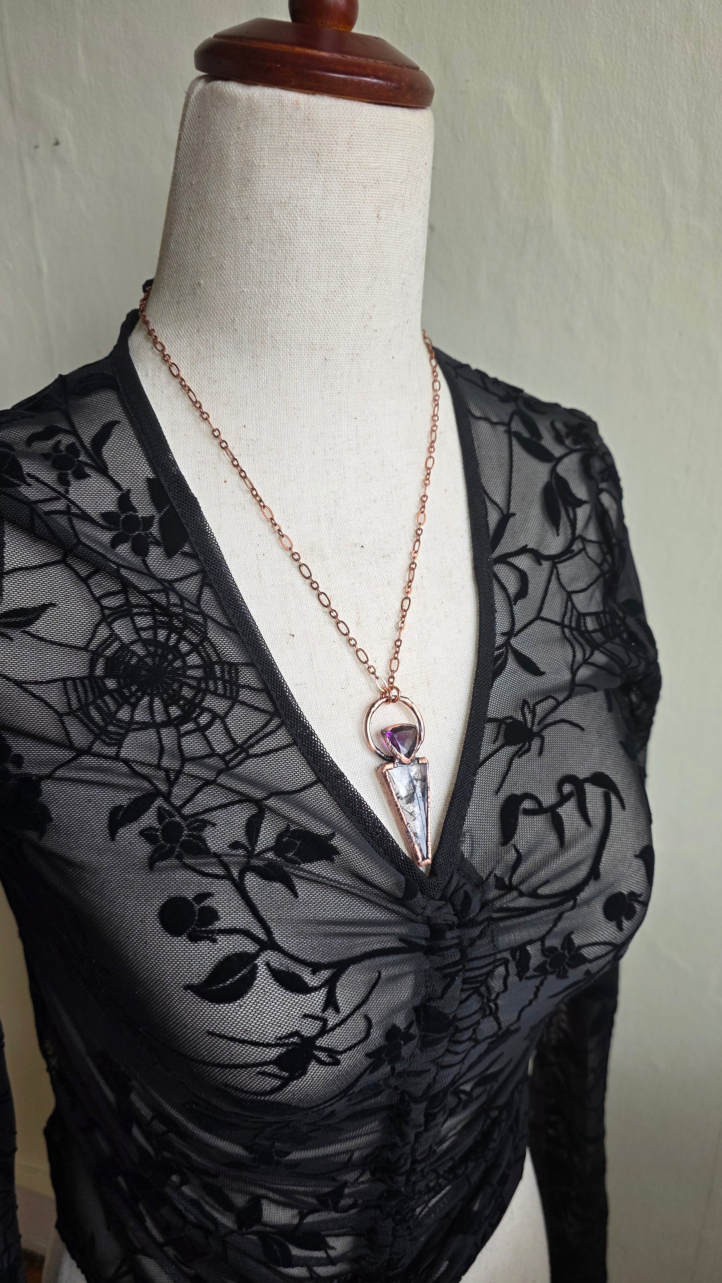 Smokey Amethyst and Tourmalinated Quartz Copper Necklace