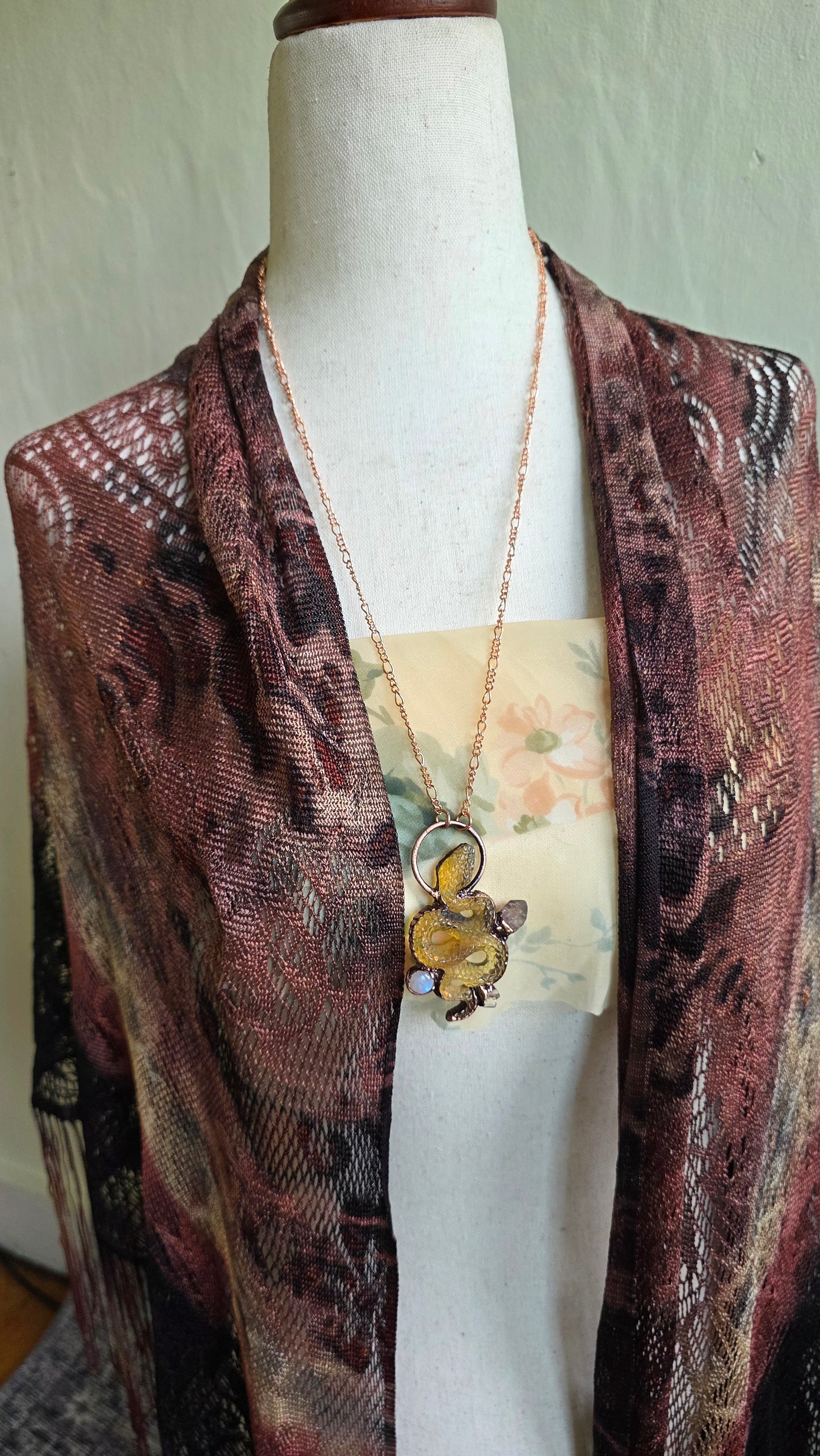 The High Priestess: Chiapas Amber Snake with Moonstone, Amethyst and Herkimer Copper Necklace