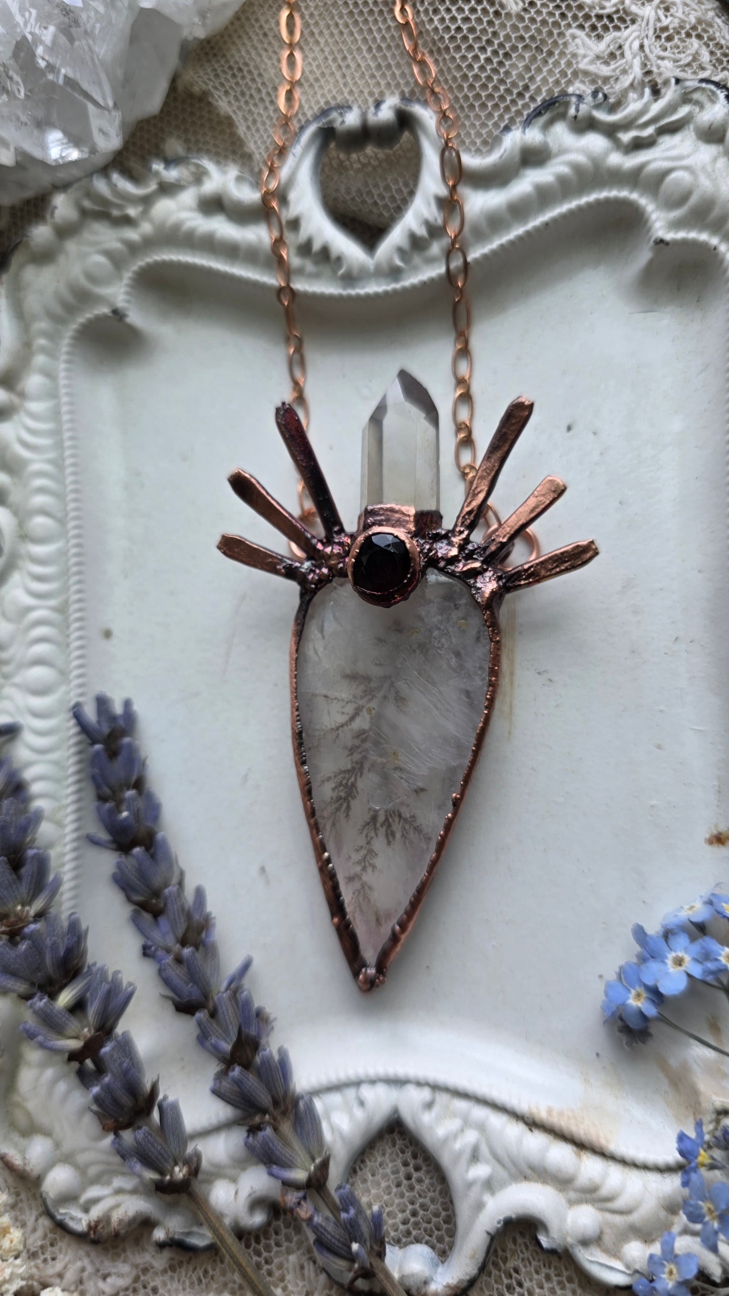 The High Priestess: Dendritic Quartz with Garnet and Citrine Copper Necklace