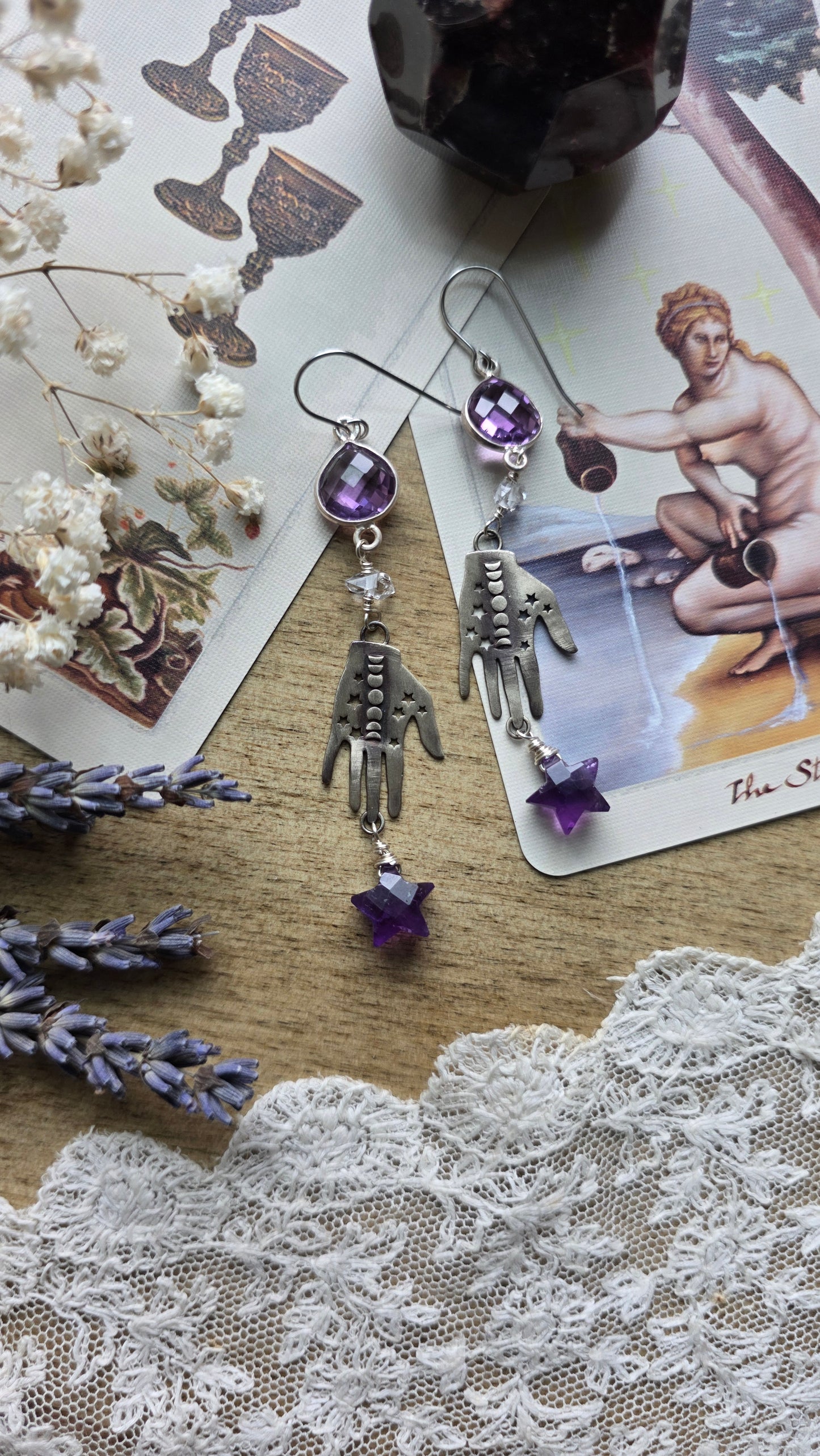 Sterling Silver Palmistry Moonphase Earrings with Amethyst