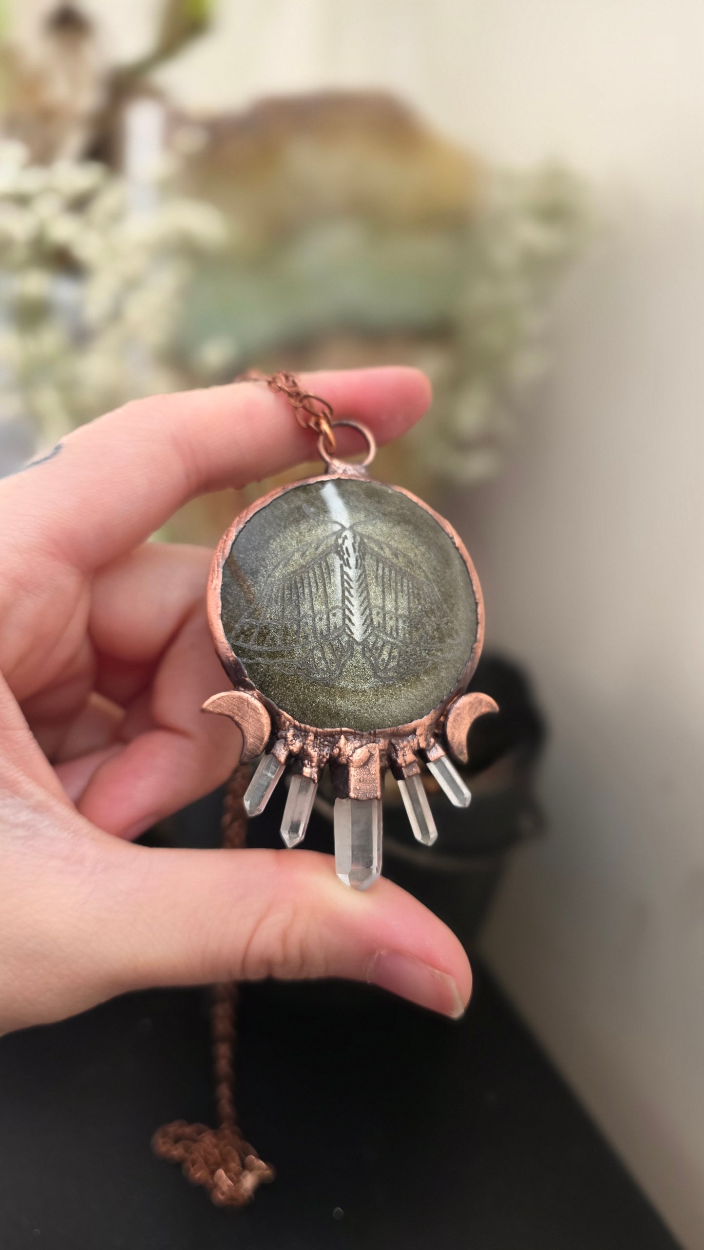 Gold sheen obsidian moth engraved copper pendant with quartz