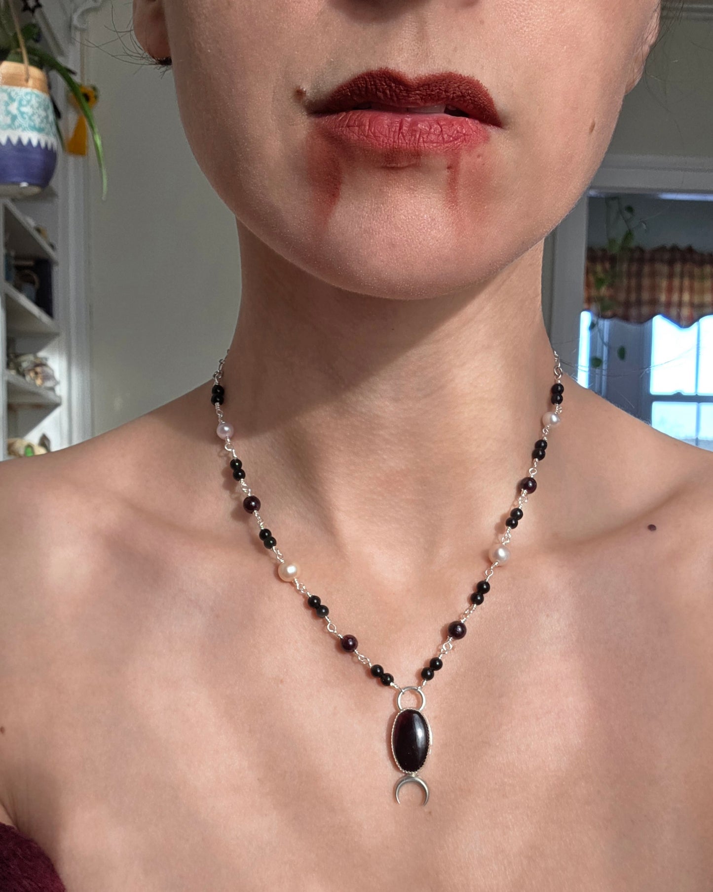 Sterling Silver Garnet, Pearl, and Obsidian Necklave