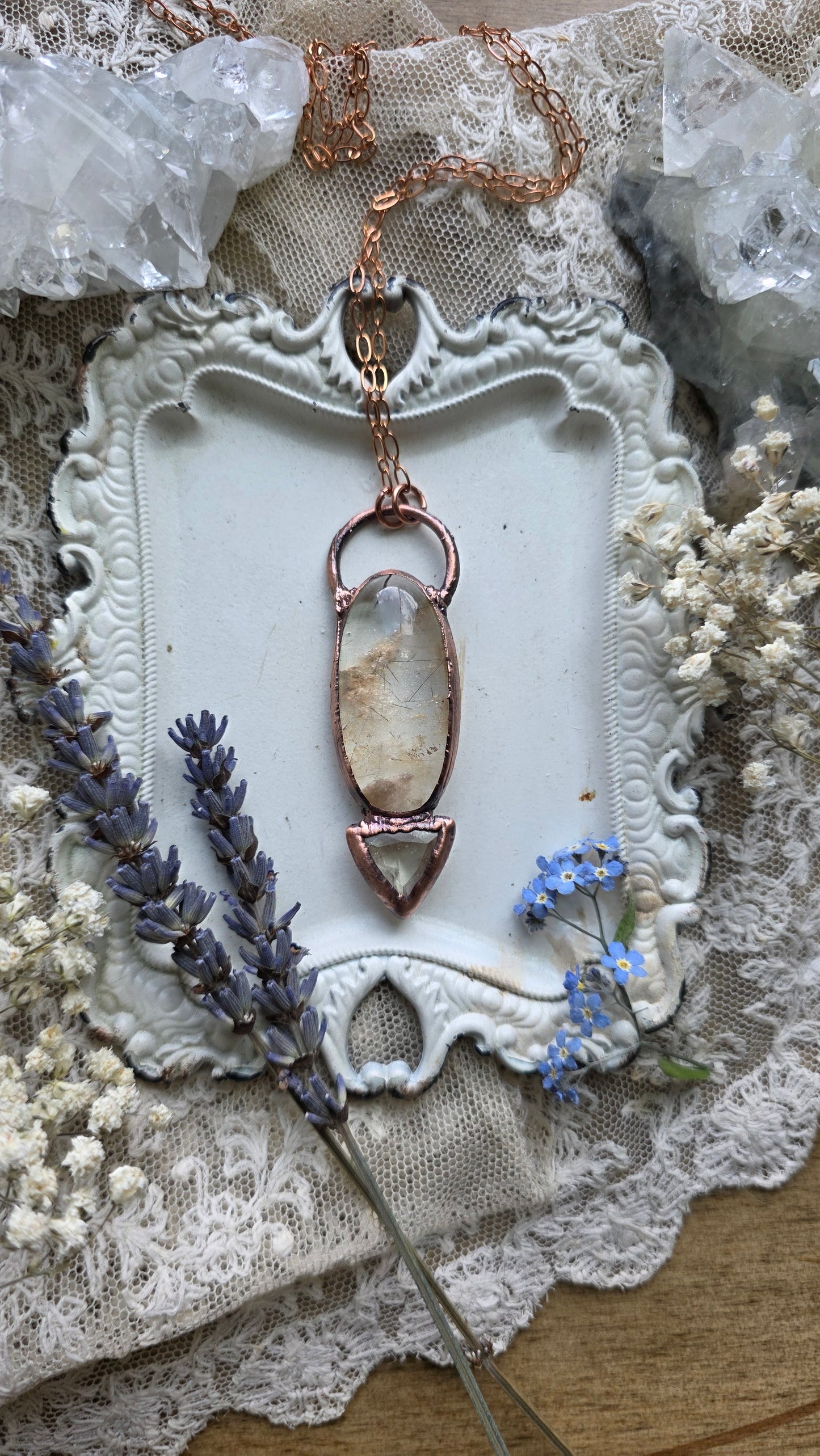 The High Priestess: Rutilated Lodolite with Libyan Desert Glass Copper Necklace