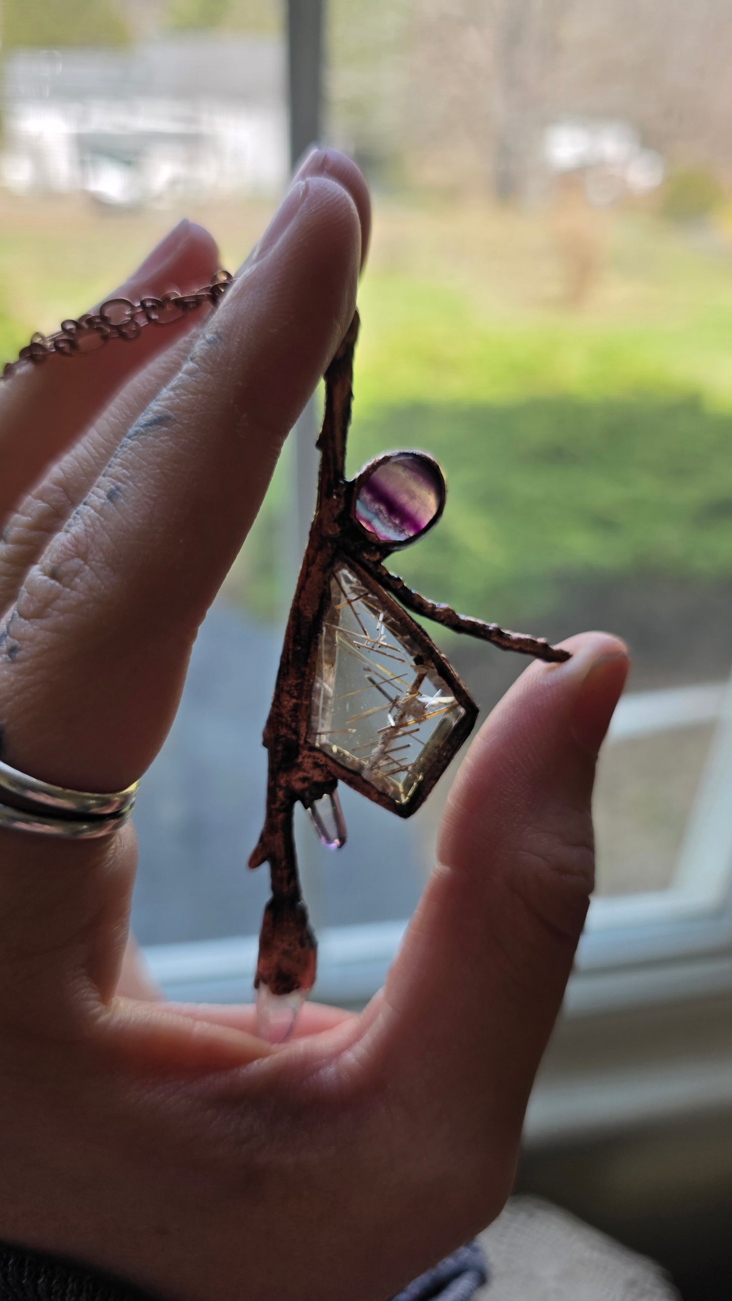 Rooted: Rutilated Quartz, Vera Cruz, and Fluorite Twig Copper Necklace