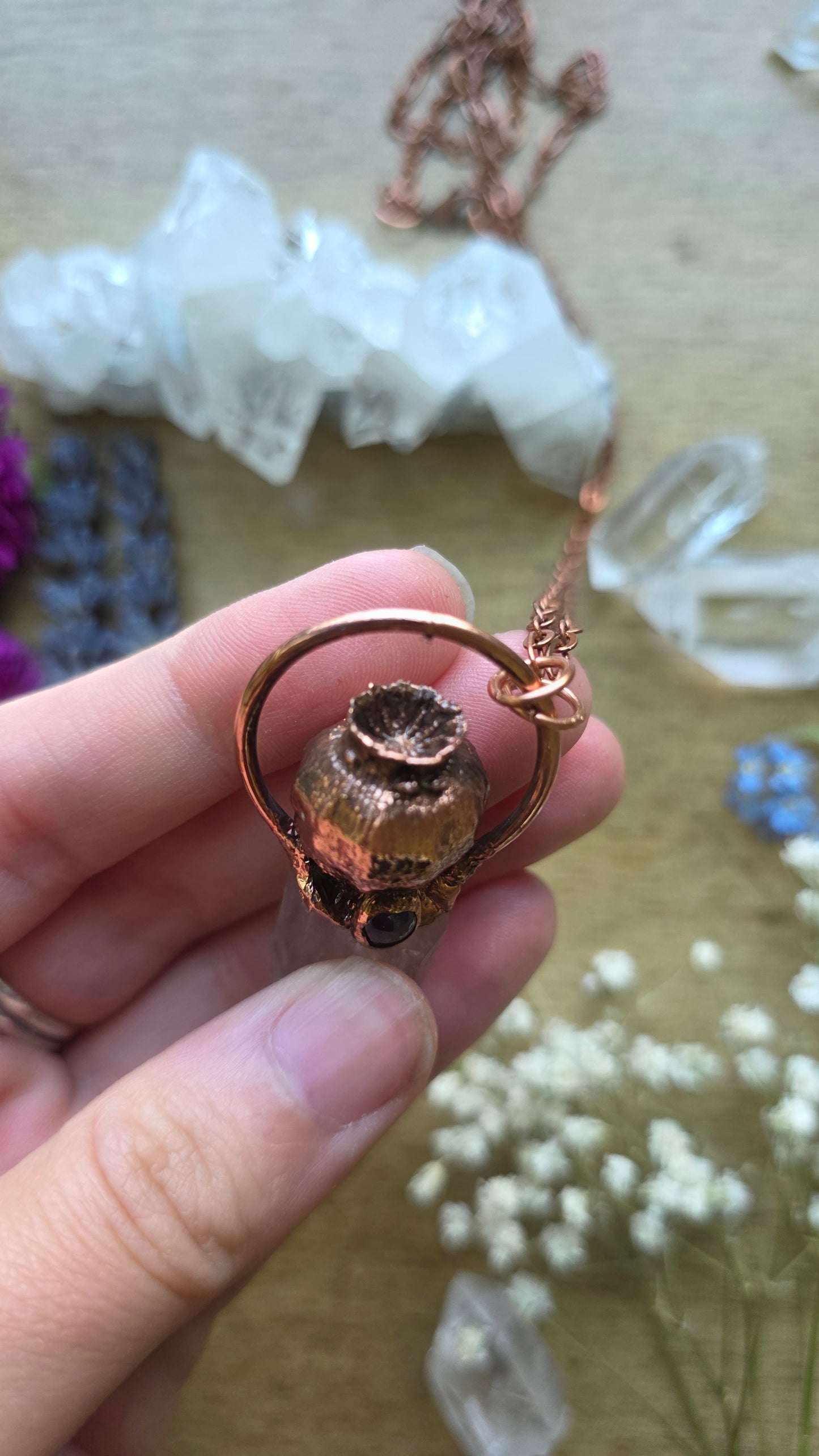 Copper Encased Poppy Pod with Quartz and Tanzanite