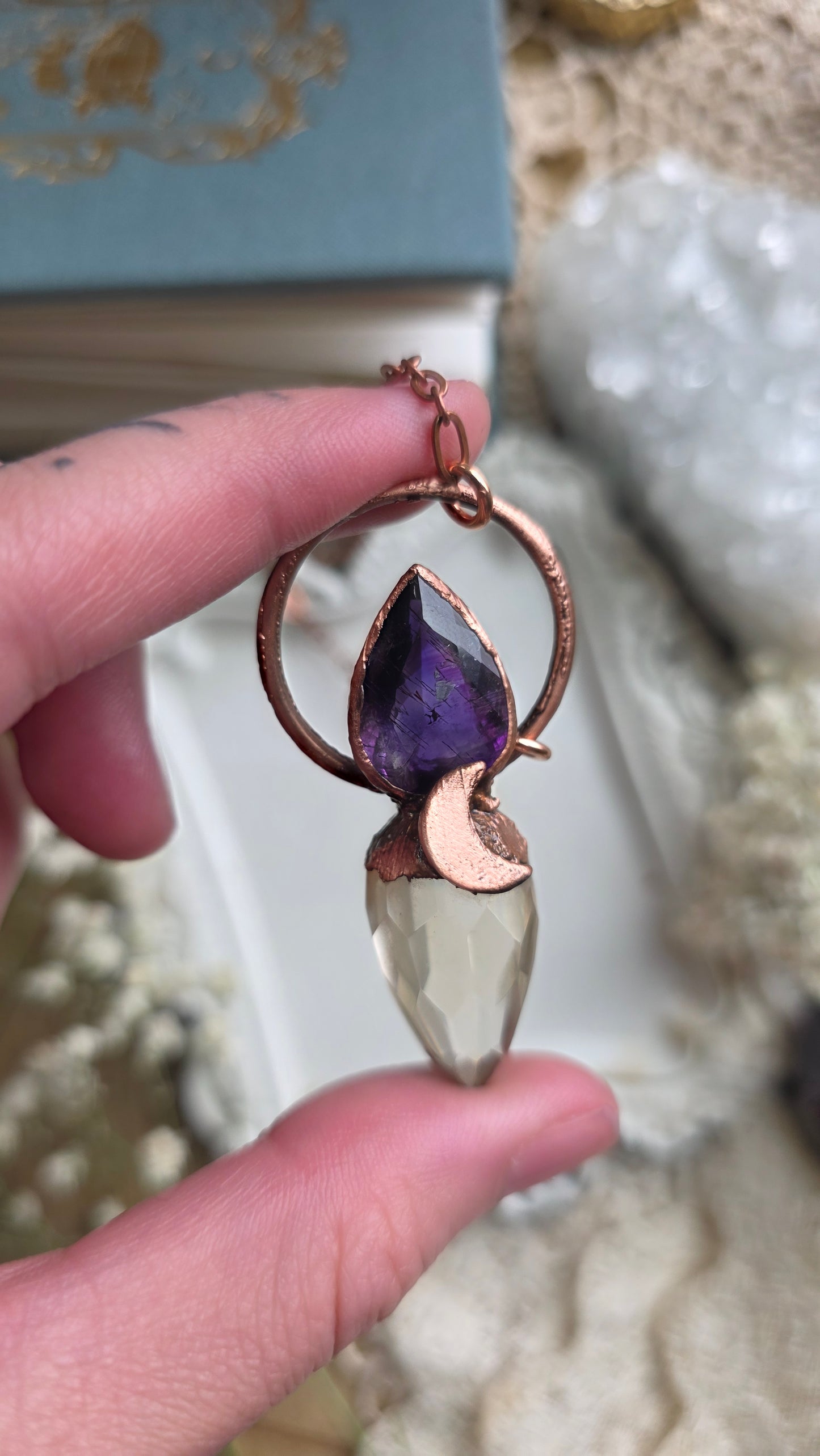 Citrine with Smokey Amethyst Copper Pendulum Necklace