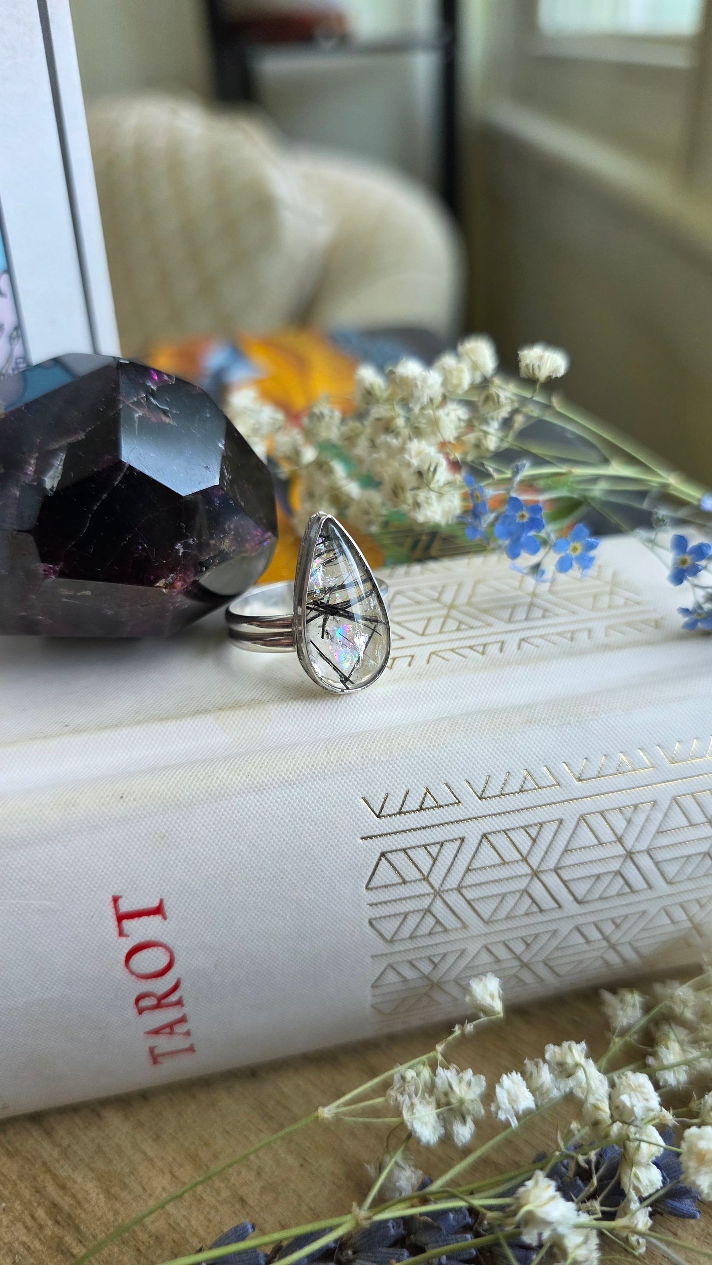 Rainbow filled Tourmalinated Quartz Sterling Silver Ring Size 7.5