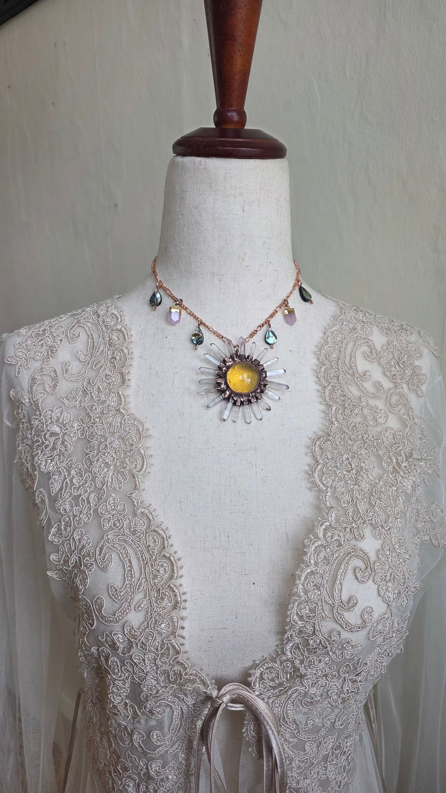 Solara: Amber Sun Copper Choker with Abalone and Rose Quartz