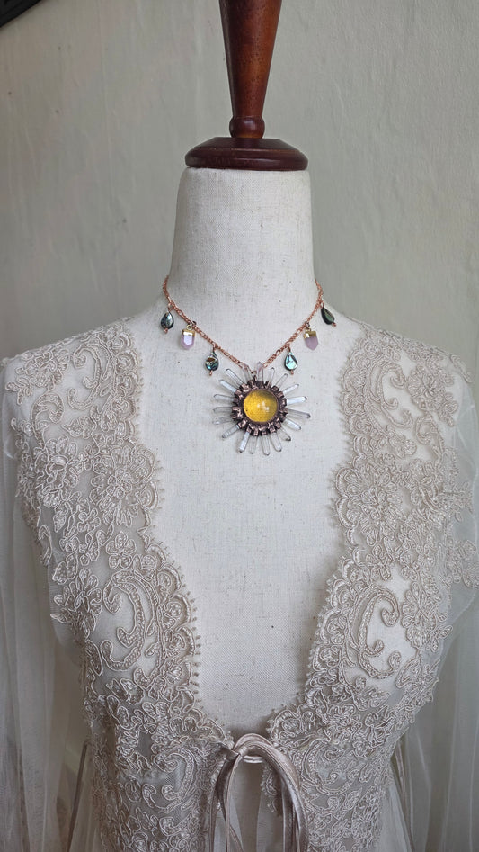 Solara: Amber Sun Copper Choker with Abalone and Rose Quartz