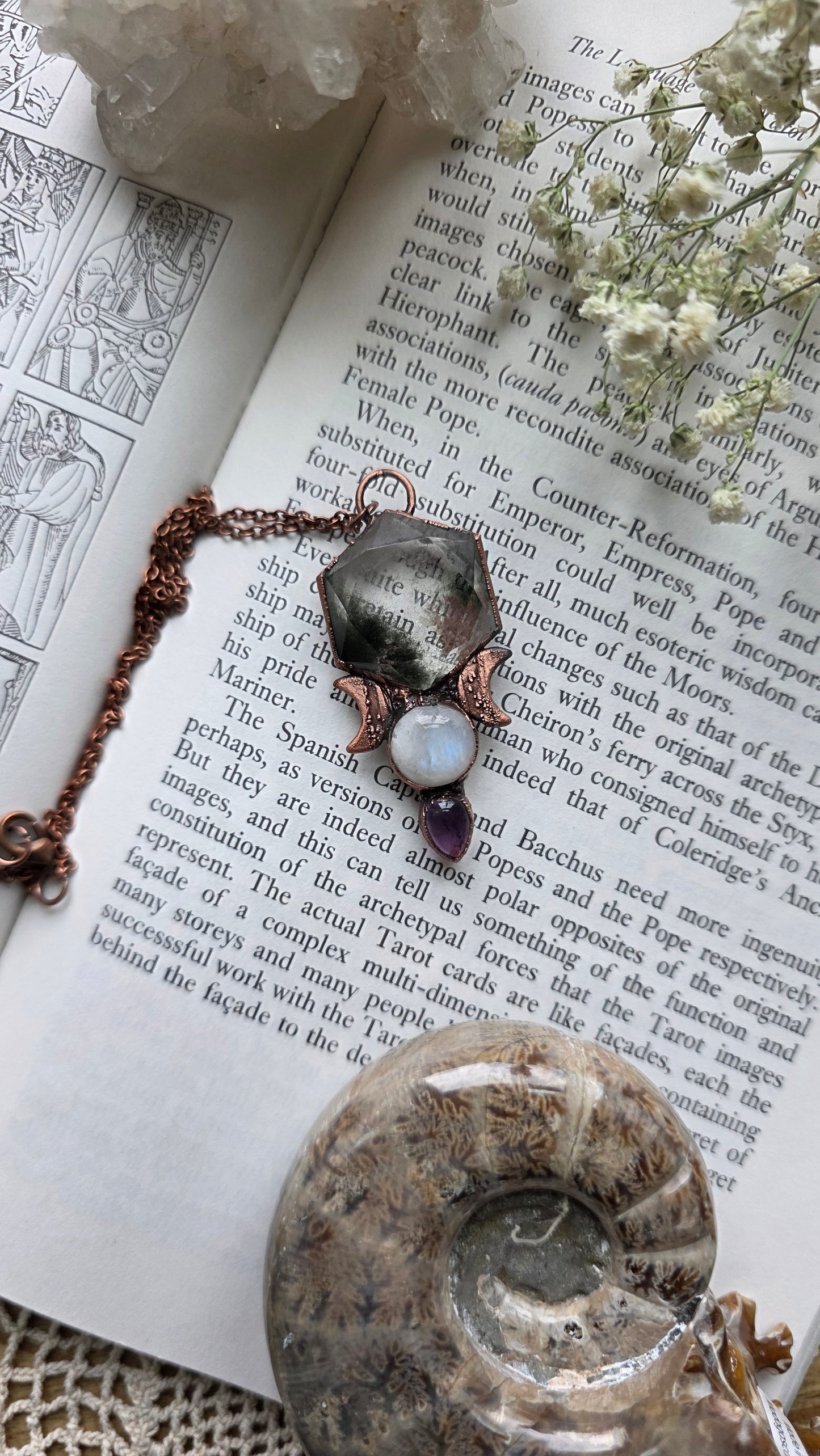 Garden quartz hexagon copper pendant with moonstone and amethyst