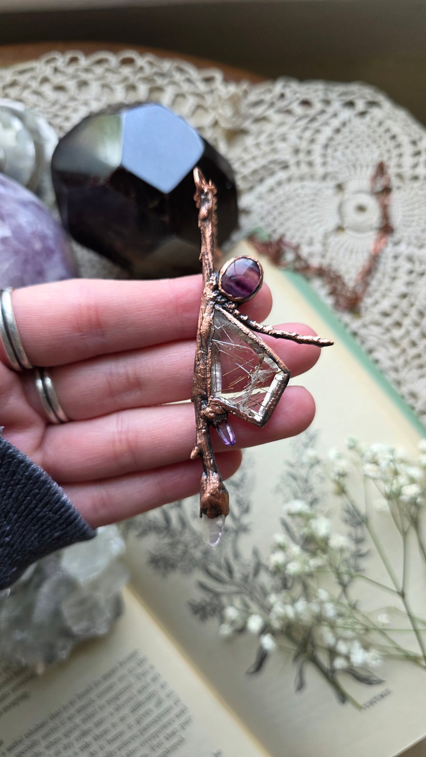 Rooted: Rutilated Quartz, Vera Cruz, and Fluorite Twig Copper Necklace