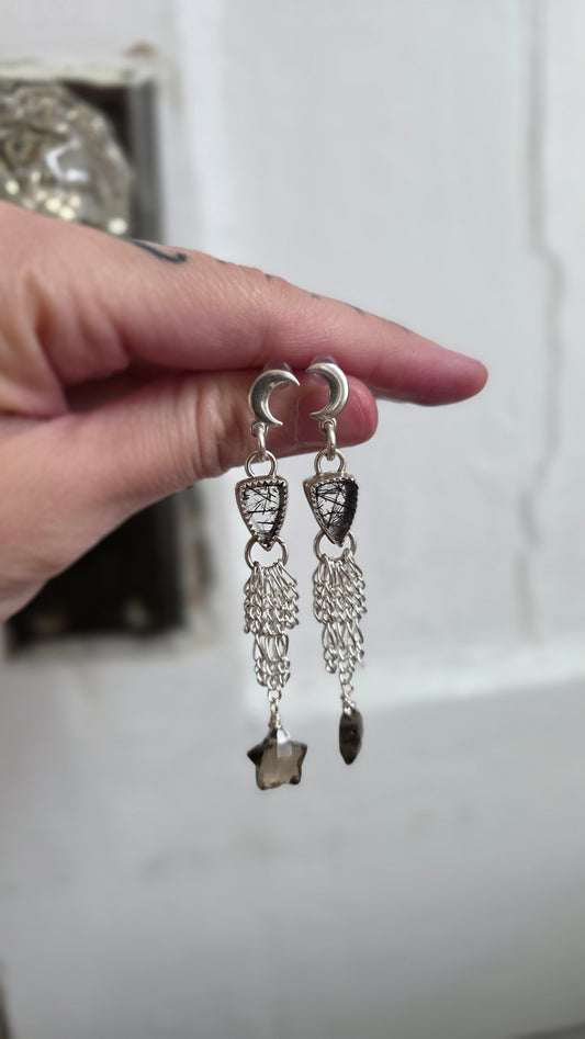 Tourmalinated Quartz Sterling Silver Chandelier Earrings with Smokey Quartz Star